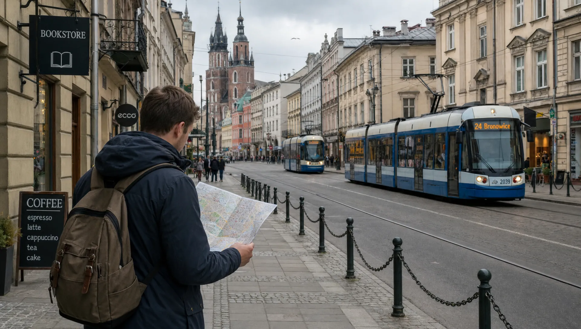 A walkable Polish city street with trams, apartment buildings and small shops, where a newcomer studies a paper map while considering a move to Poland.