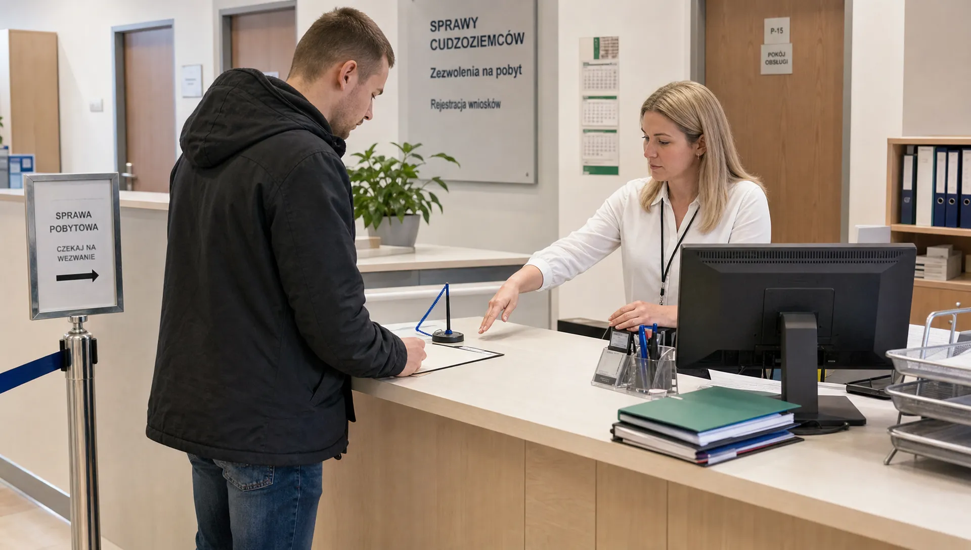 An adult completes residence paperwork at a clean Polish government office counter while a staff member waits nearby.