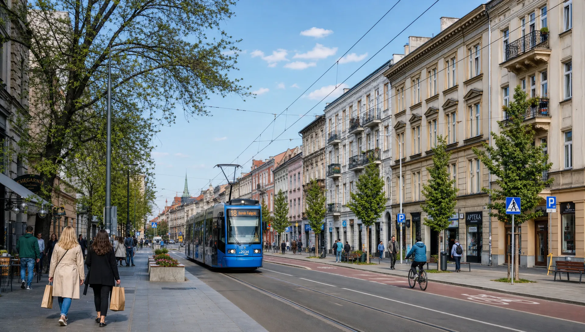 A clean Polish residential street with tram tracks, apartment buildings, trees, cycle lanes and people walking with shopping bags on a clear afternoon.