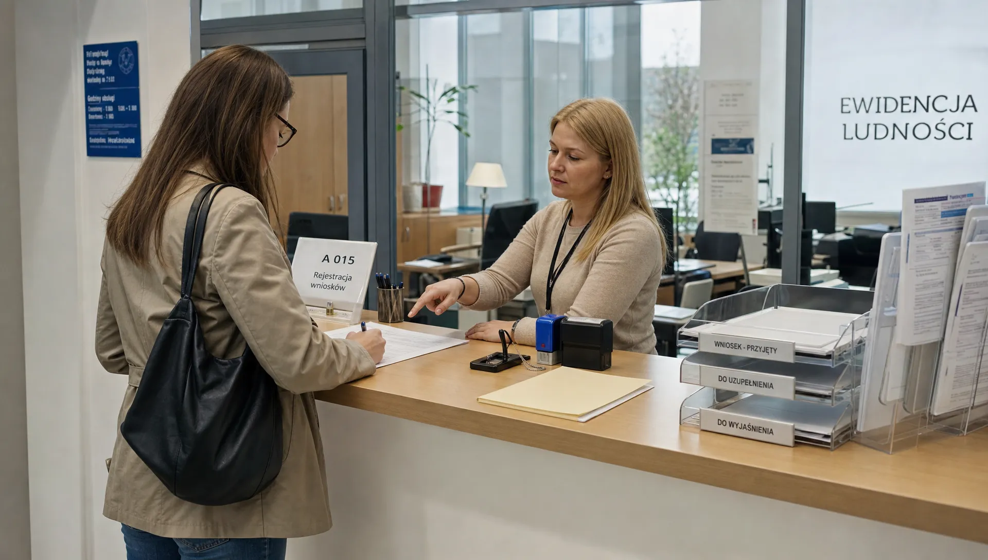 A person fills out residency paperwork at a modern urzęd counter in Poland.
