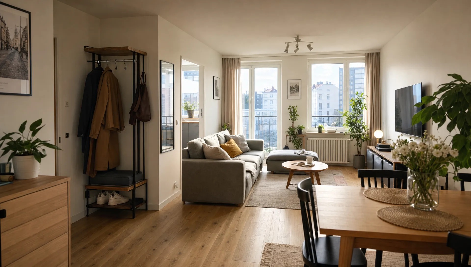 A bright furnished apartment living room in a Polish city, with large windows, a small dining table, plants, wooden floors and coats near the entry.