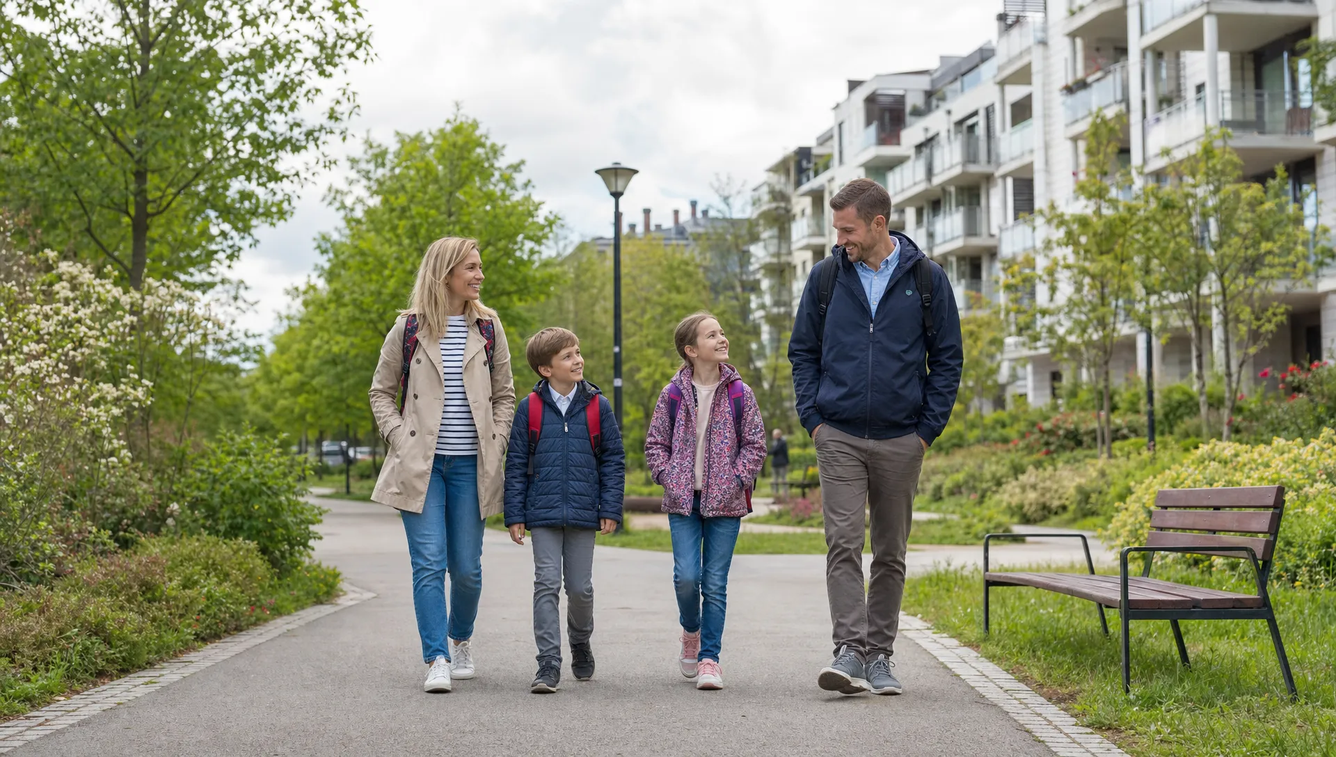A British family walking through a Polish city park with school bags and apartment buildings nearby.