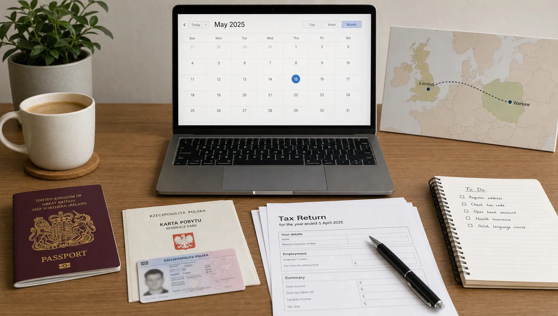 A neat desk scene with a UK passport, Polish residence papers, tax forms, a notebook, and a laptop facing the camera with a simple calendar visible, plus a small map line linking the UK and Poland.