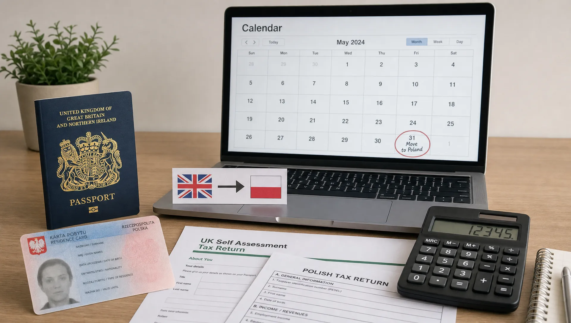 A clean tabletop scene with a UK passport, a Polish residence card, a calculator, tax forms, and a laptop facing the camera with a simple calendar visible, alongside a small paper arrow connecting the UK and Poland to suggest cross-border tax planning before a move. No people present.