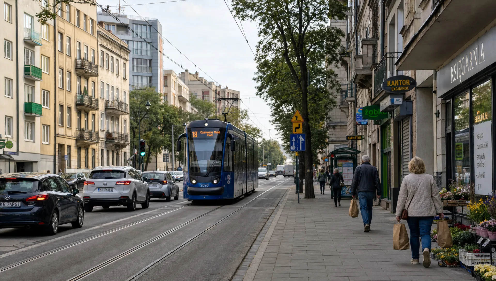 A lived-in Polish city street with tram tracks, apartment blocks, trees, small shops and people carrying groceries.