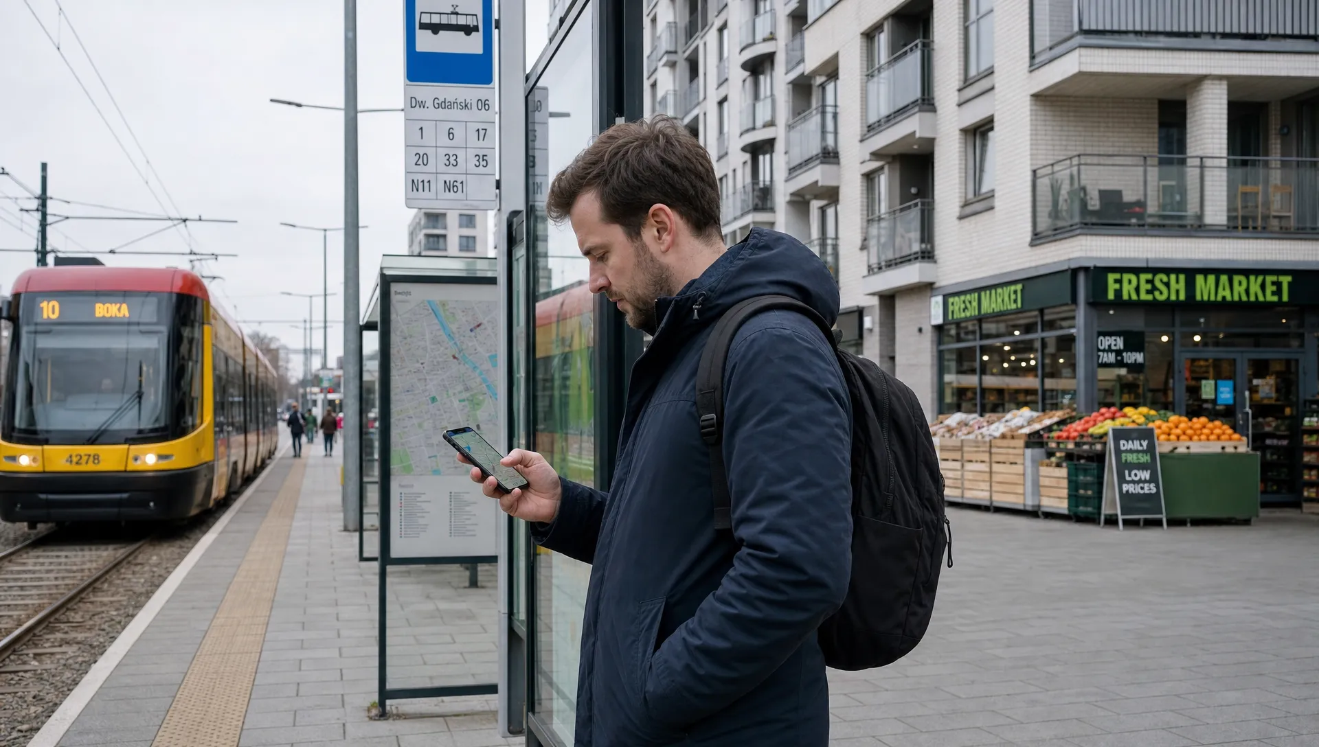 An expat in Warsaw checks a route on a phone beside a tram stop, with apartment blocks and a nearby grocery shop behind.