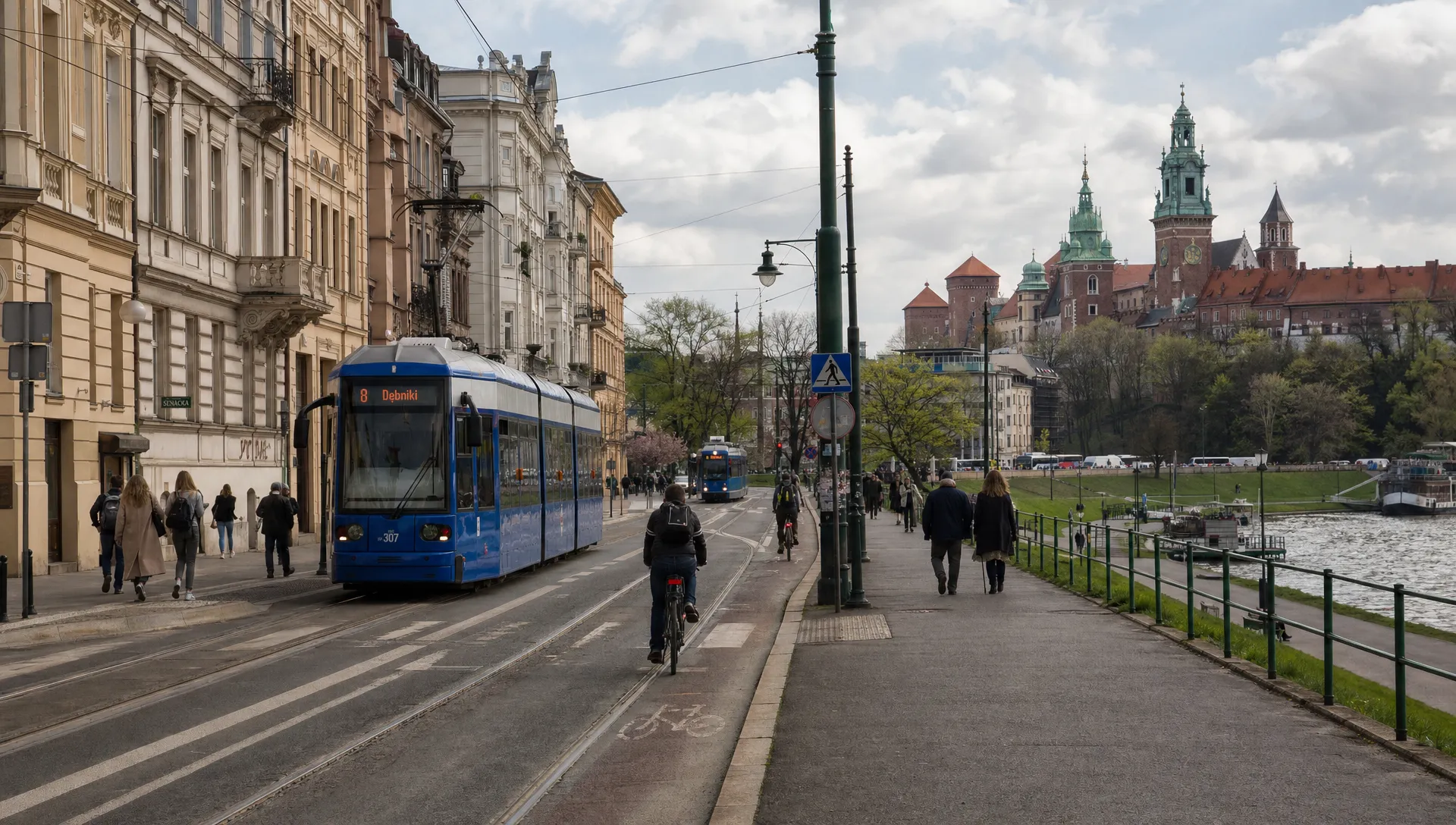 A quiet weekday Kraków scene shows trams, cyclists and pedestrians near townhouses by the Vistula River.