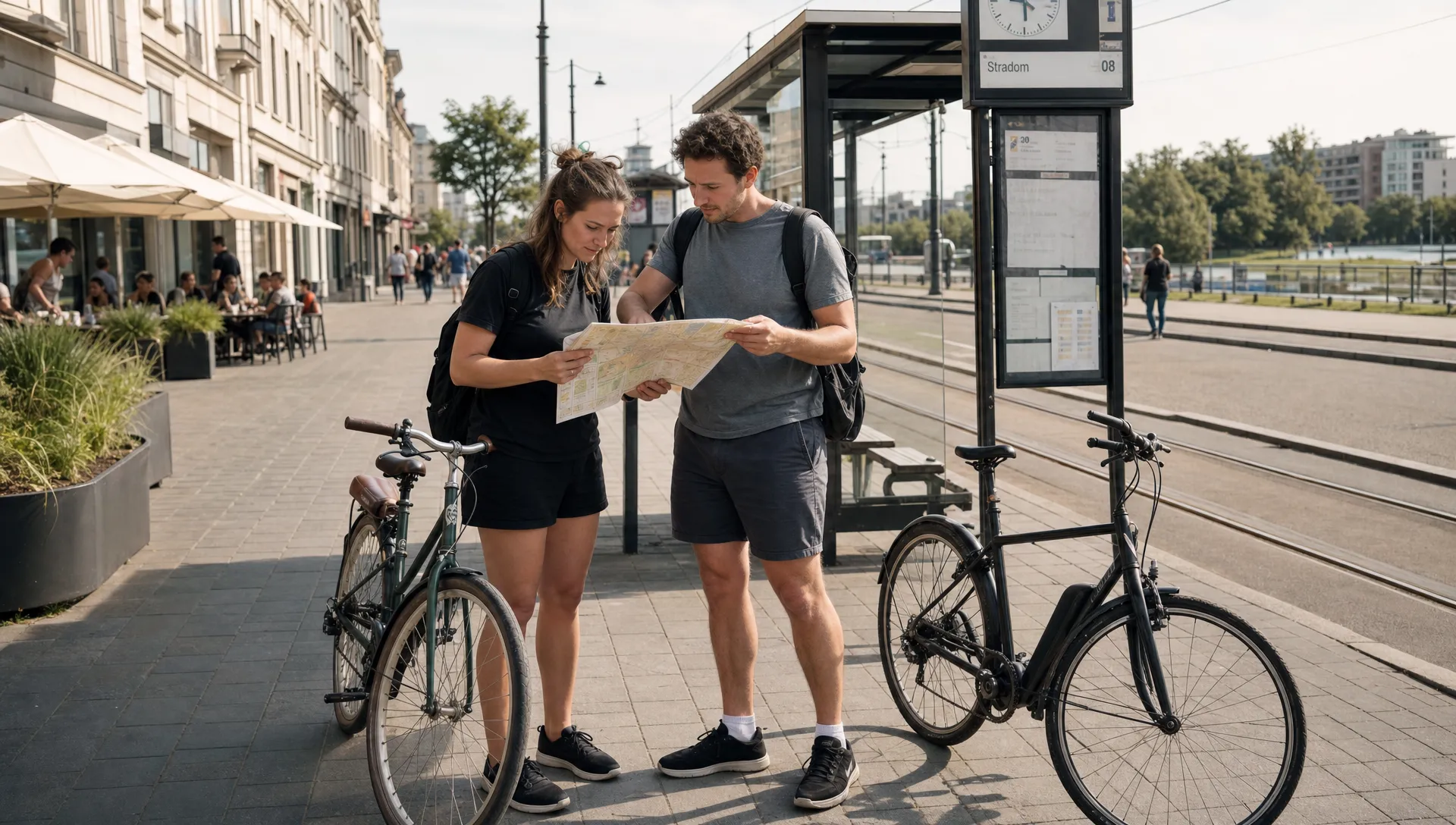 A foreign resident and a Polish local talk beside bicycles and a tram stop on a Kraków street near the Vistula River.