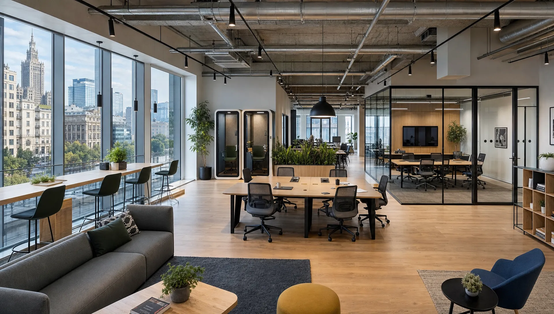 A Warsaw coworking lounge with flexible desks, phone booths, glass meeting rooms, and large windows overlooking city streets, shown from a wider angle that emphasizes the full layout of the space.