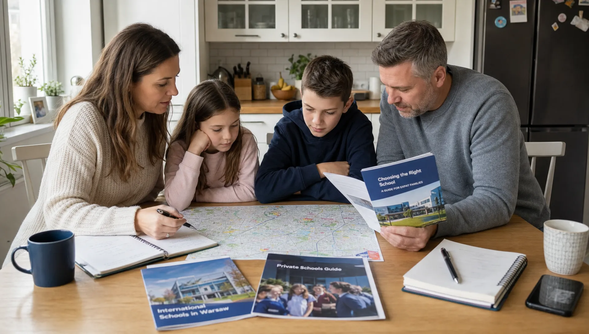 A family compares school options at a kitchen table with notebooks, a city map and brochures as they plan life in Poland.