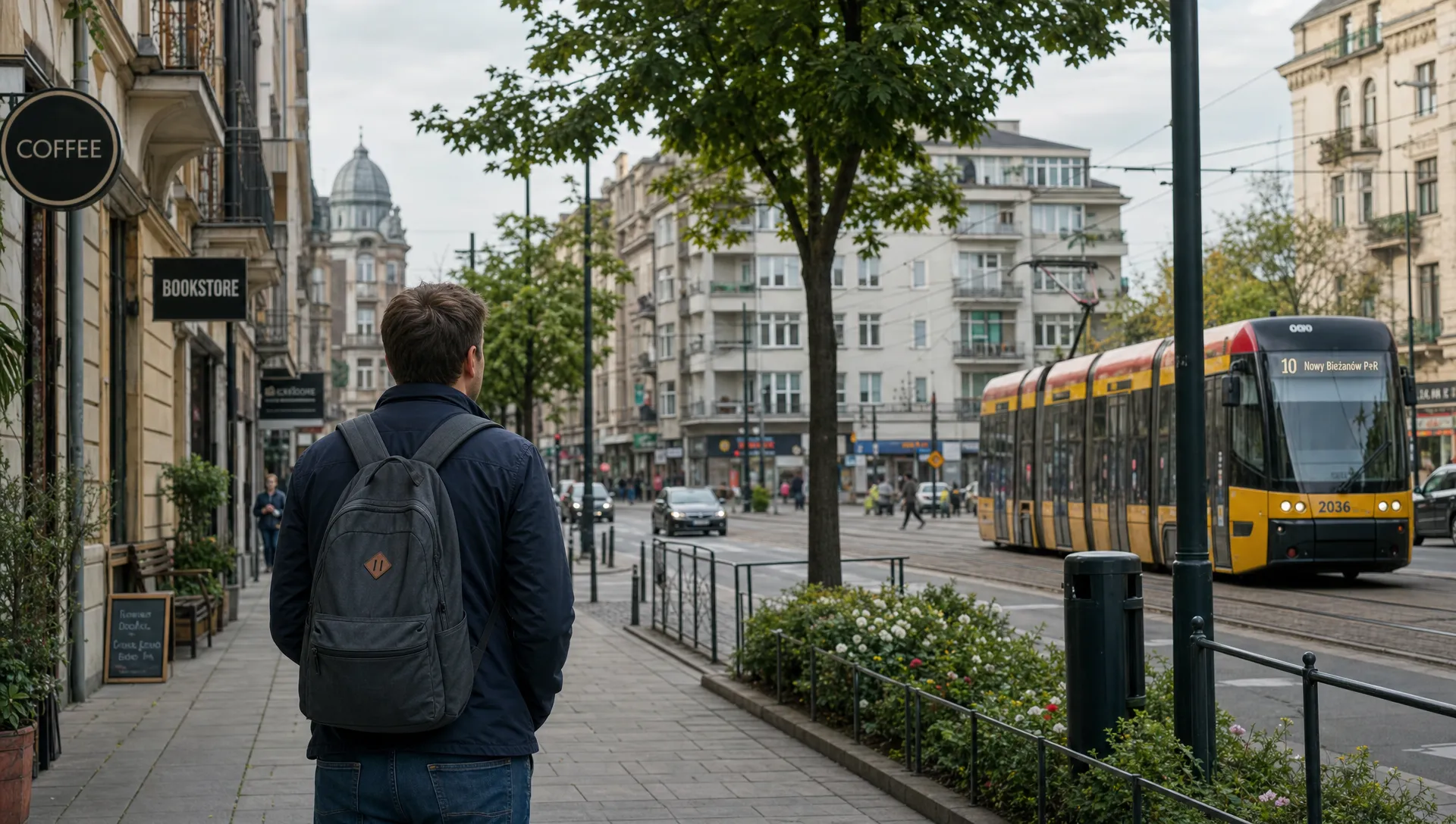 A British newcomer walks through a Polish city neighbourhood with trams, apartment blocks, small shops and trees in the background.