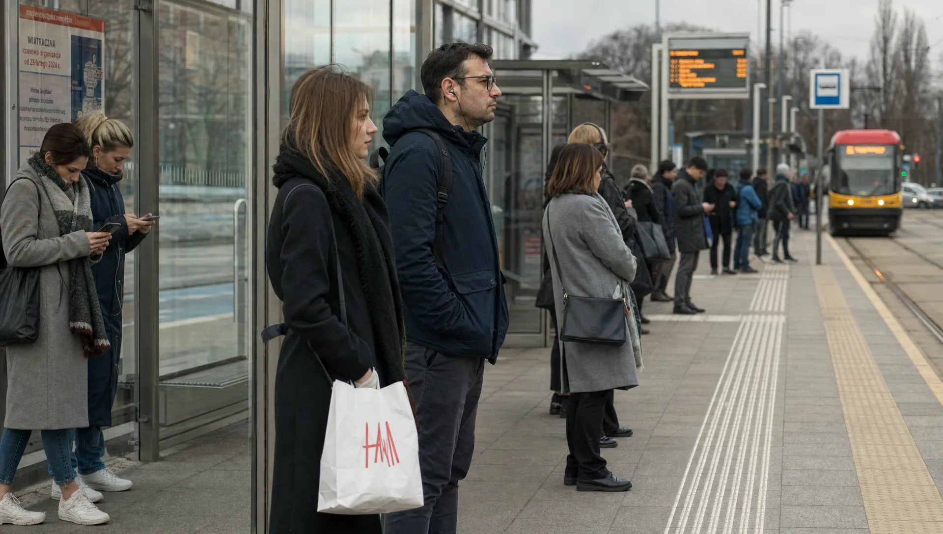 Commuters wait on a modern Warsaw tram platform beside a train and work bags.