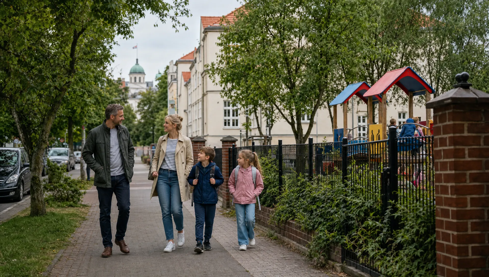 A British family walks with two children through a leafy Polish neighbourhood near a school and playground.