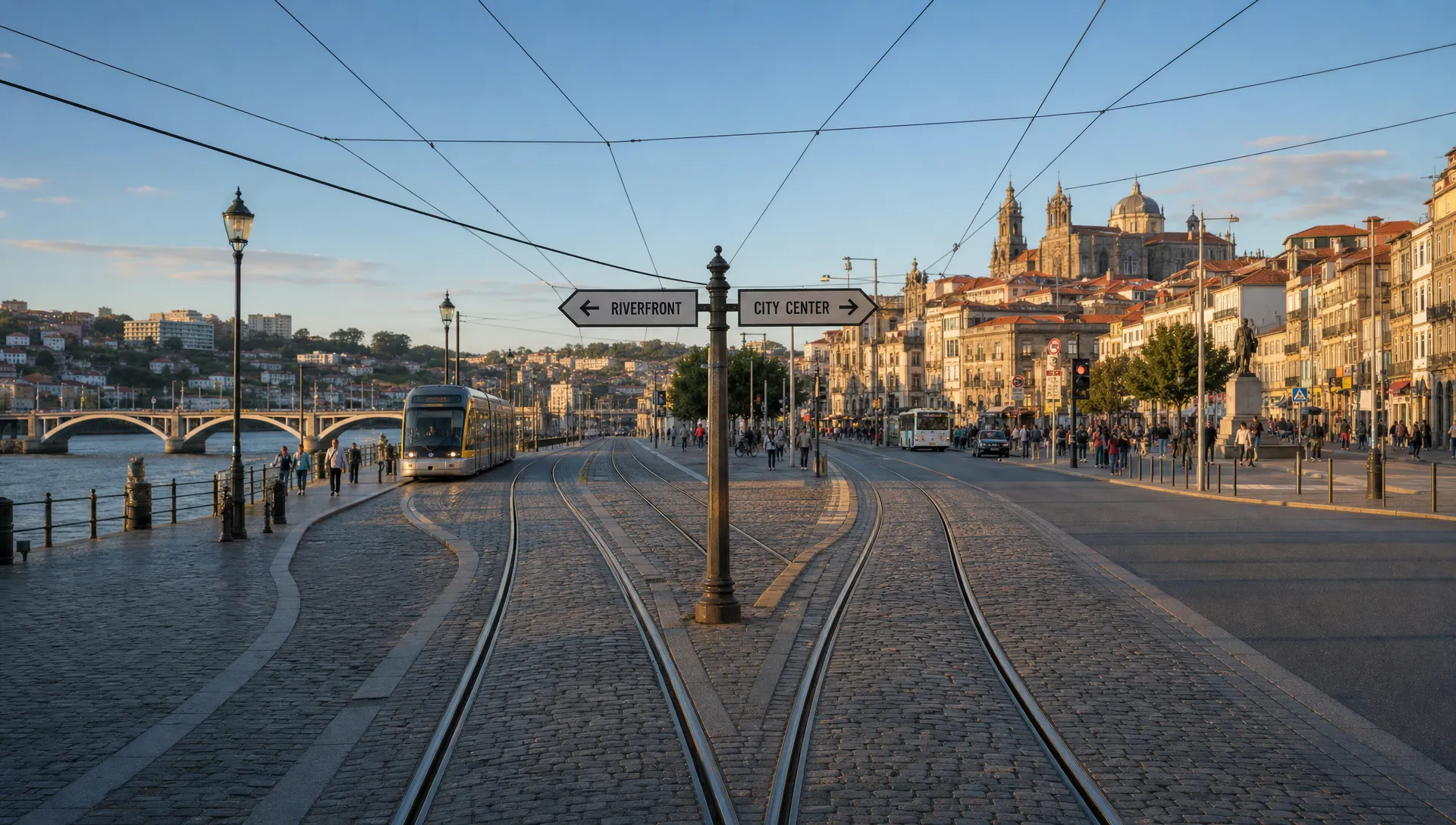 A landscape scene showing a forked tram line splitting toward two different city directions, with one side leading past bridges and riverfront buildings and the other toward historic rooftops and a busy central district, representing the choice between the two cities.