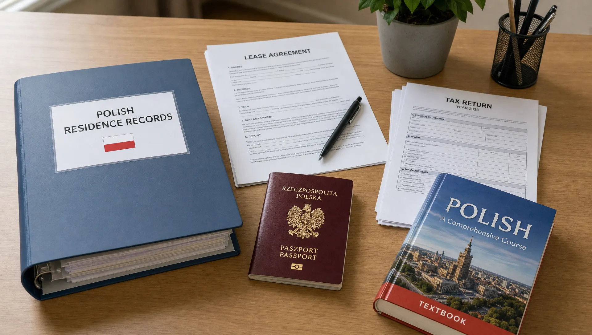 A neatly arranged folder of Polish residence records, a passport, a lease agreement, tax papers and a Polish language textbook on a desk.