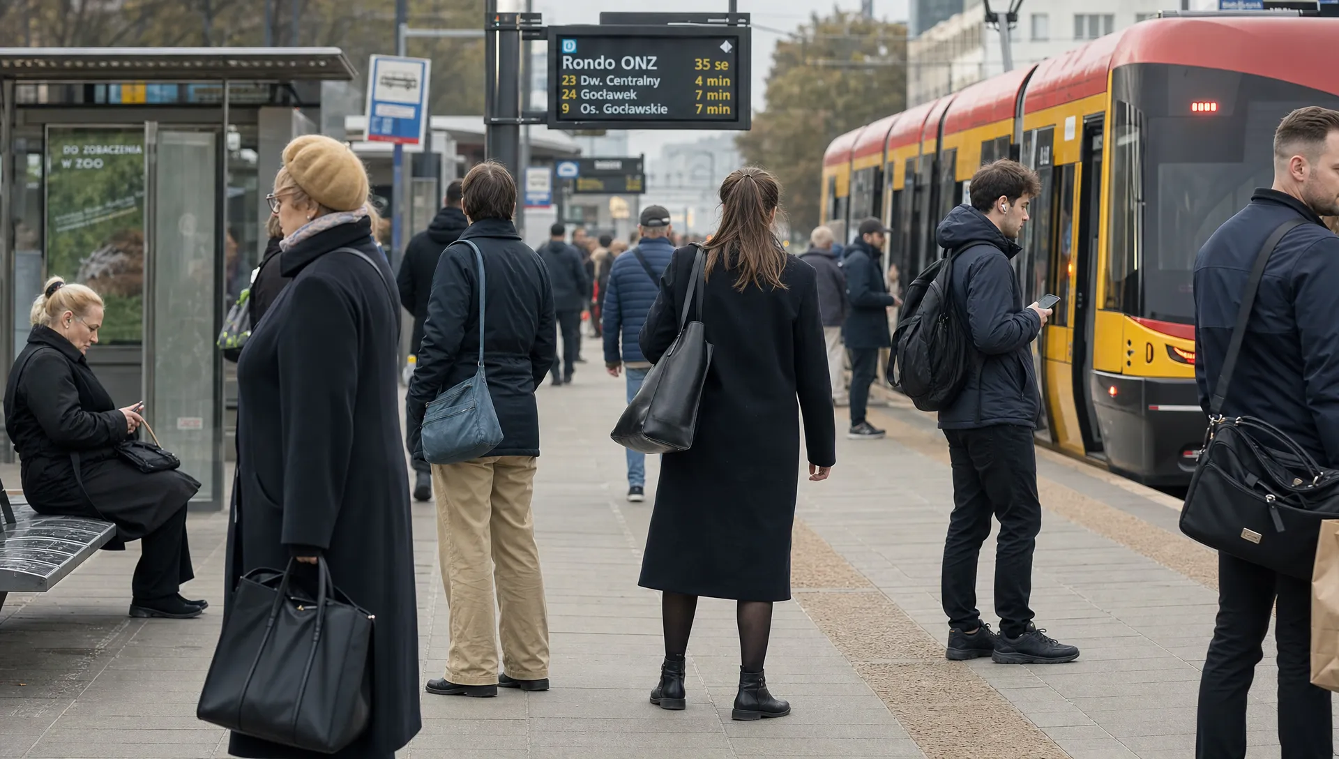 Commuters wait on a modern Warsaw platform, showing the daily rhythm of living in Poland.