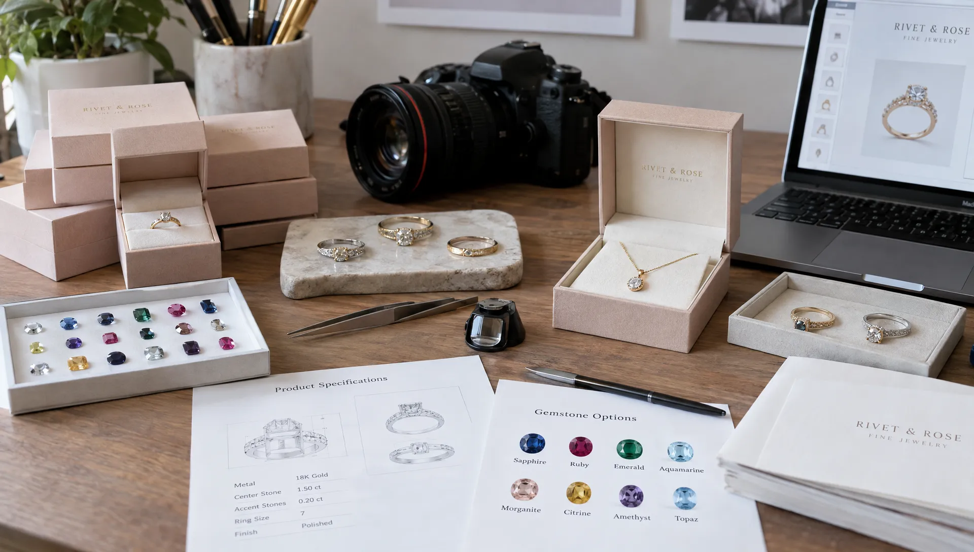 A jewelry worktable with rings, gemstone samples, product specification sheets and packaging prepared for catalog photography and personalized orders.