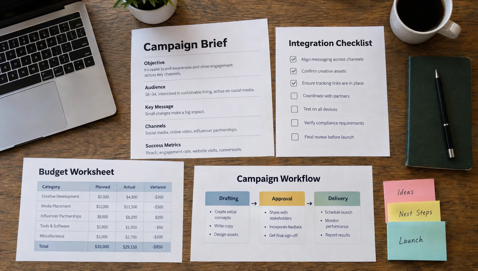 An overhead view of a campaign planning table shows a brief, integration checklist, budget worksheet and workflow cards for drafting, approval and delivery.