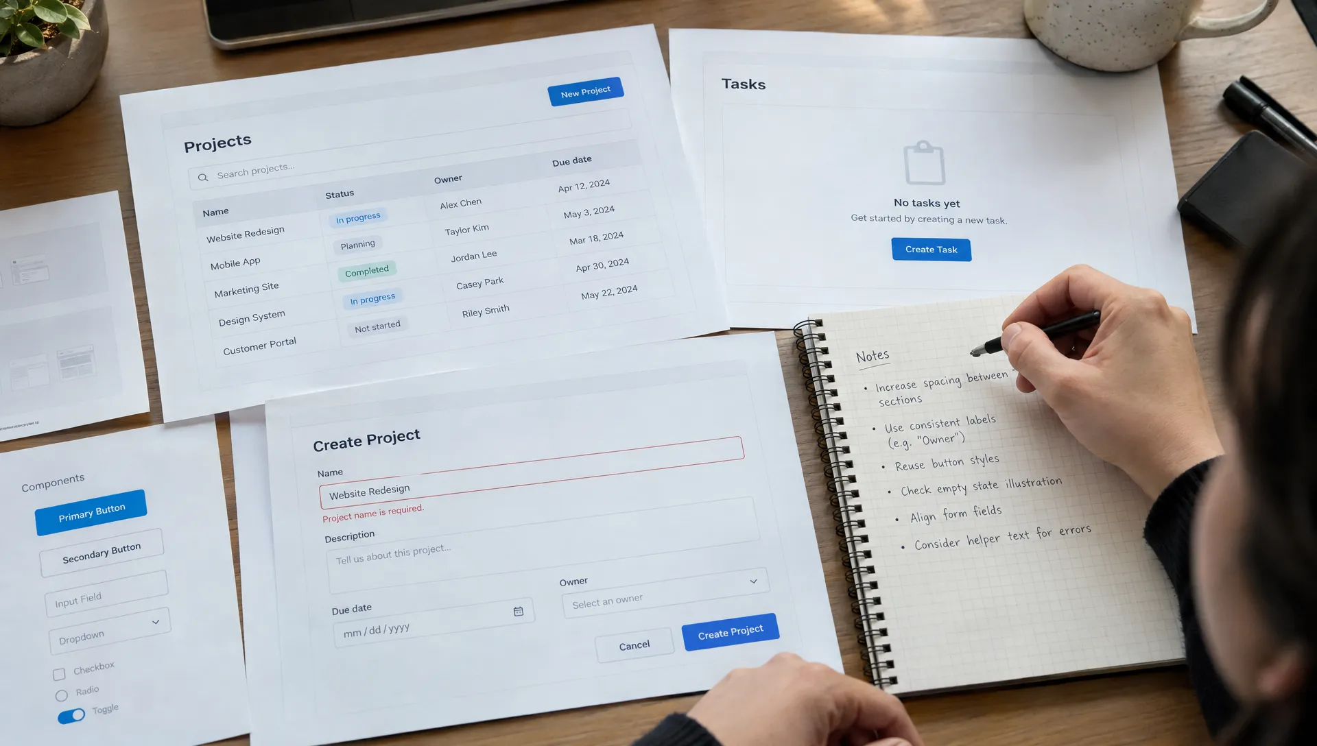 Printed SaaS interface mockups show a populated table, an empty state and a form validation error as a designer compares handwritten notes on spacing, labels and reusable components.