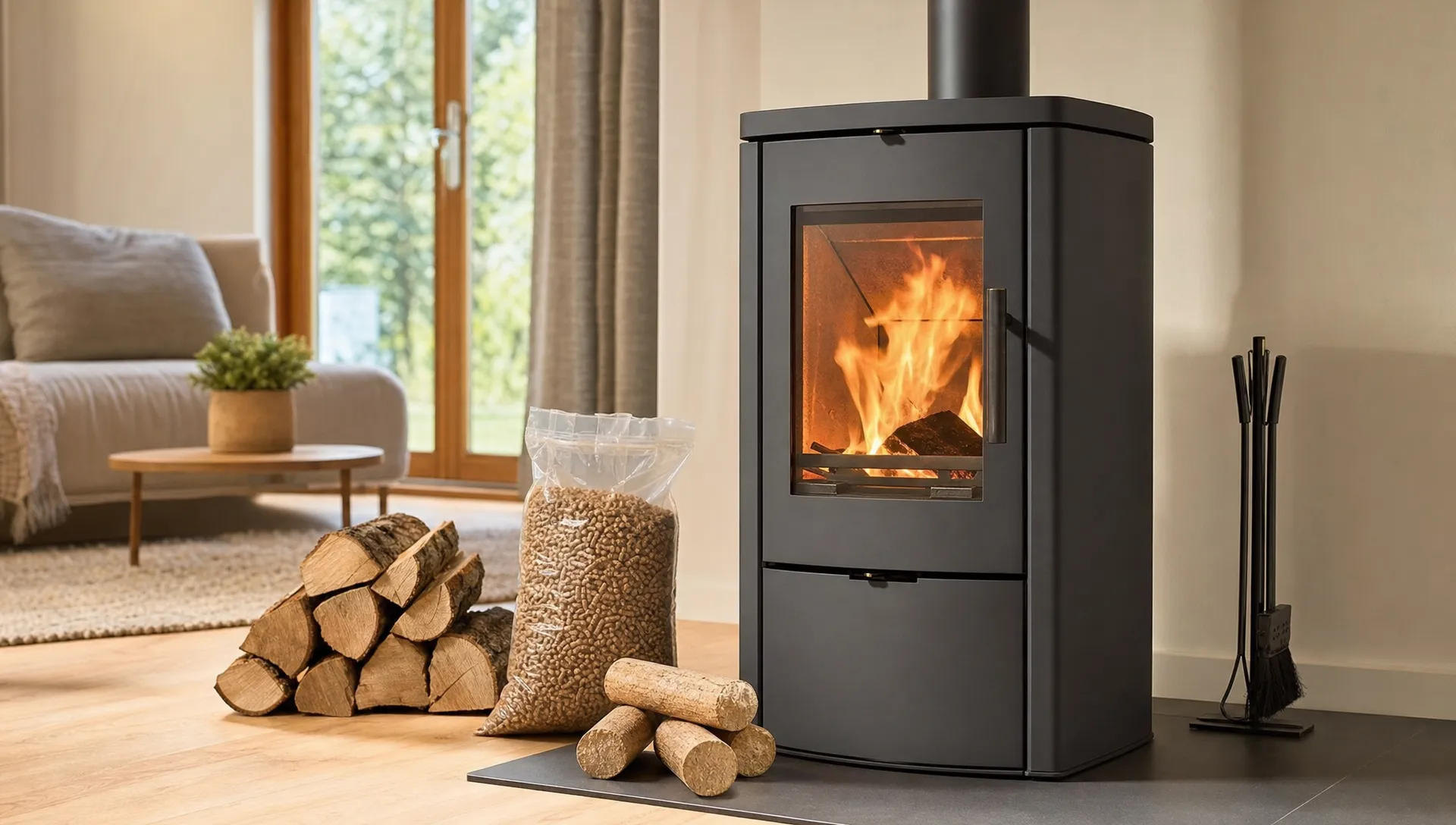 Un poêle à bois moderne au premier plan, avec quelques bûches fendues à côté, un sac de granulés fermé et des bûches compressées posées près de l’appareil, pour montrer plusieurs combustibles adaptés à différents usages.