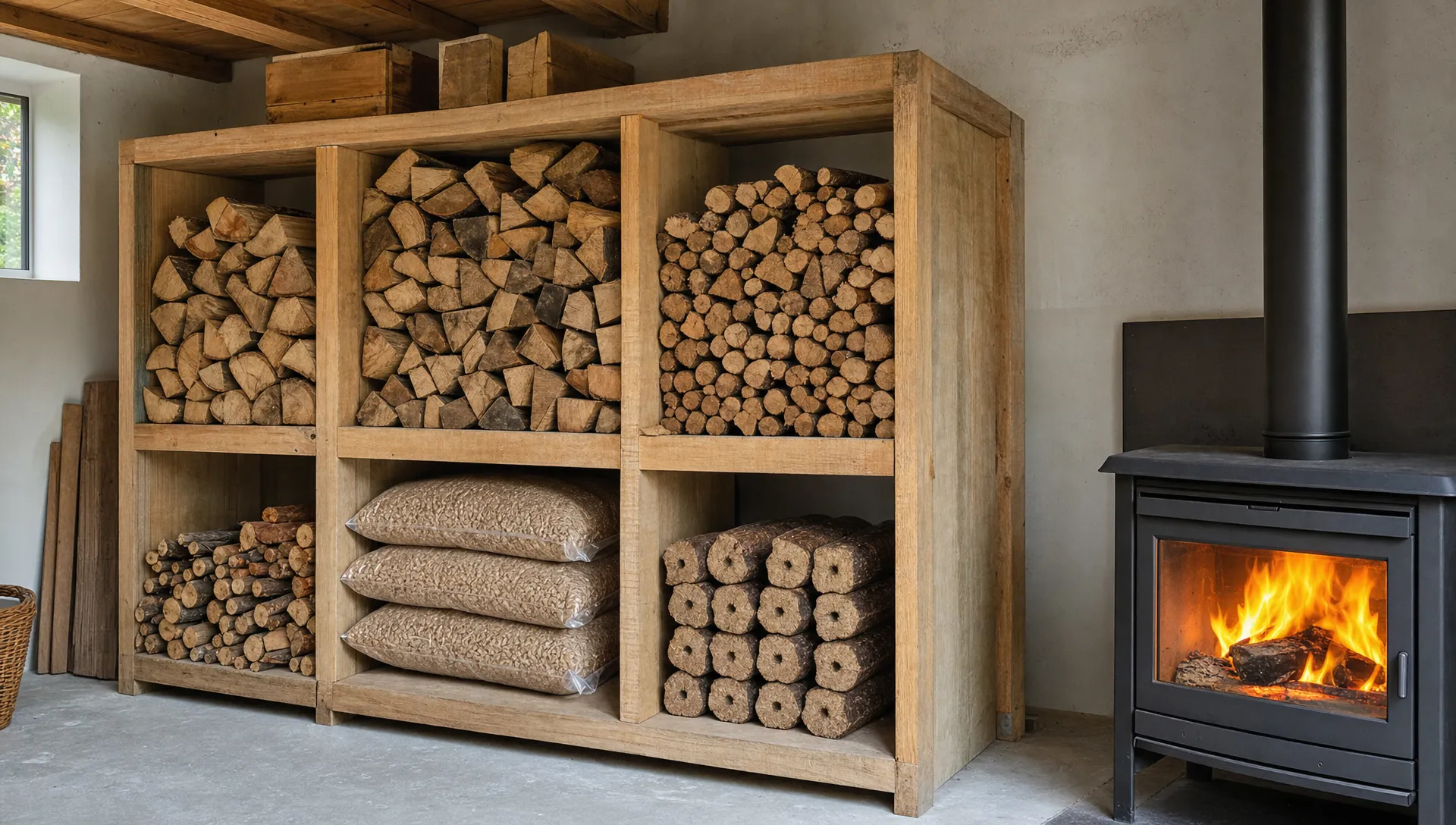 Un espace de stockage bien rangé avec des bûches sèches empilées par taille, des sacs de granulés posés au sec et quelques bûches compressées rangées à côté d’un poêle à bois.