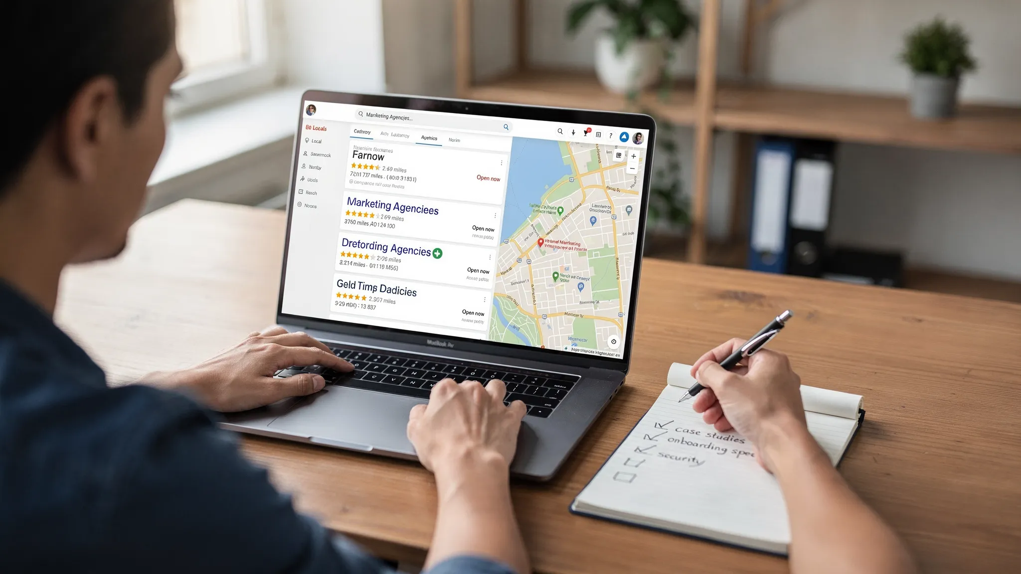 A small business owner sits at a laptop comparing local marketing agencies on a map-pack search results page, with star ratings, distances, and open hours visible. A notepad shows a simple checklist of criteria like case studies, onboarding speed, and security.