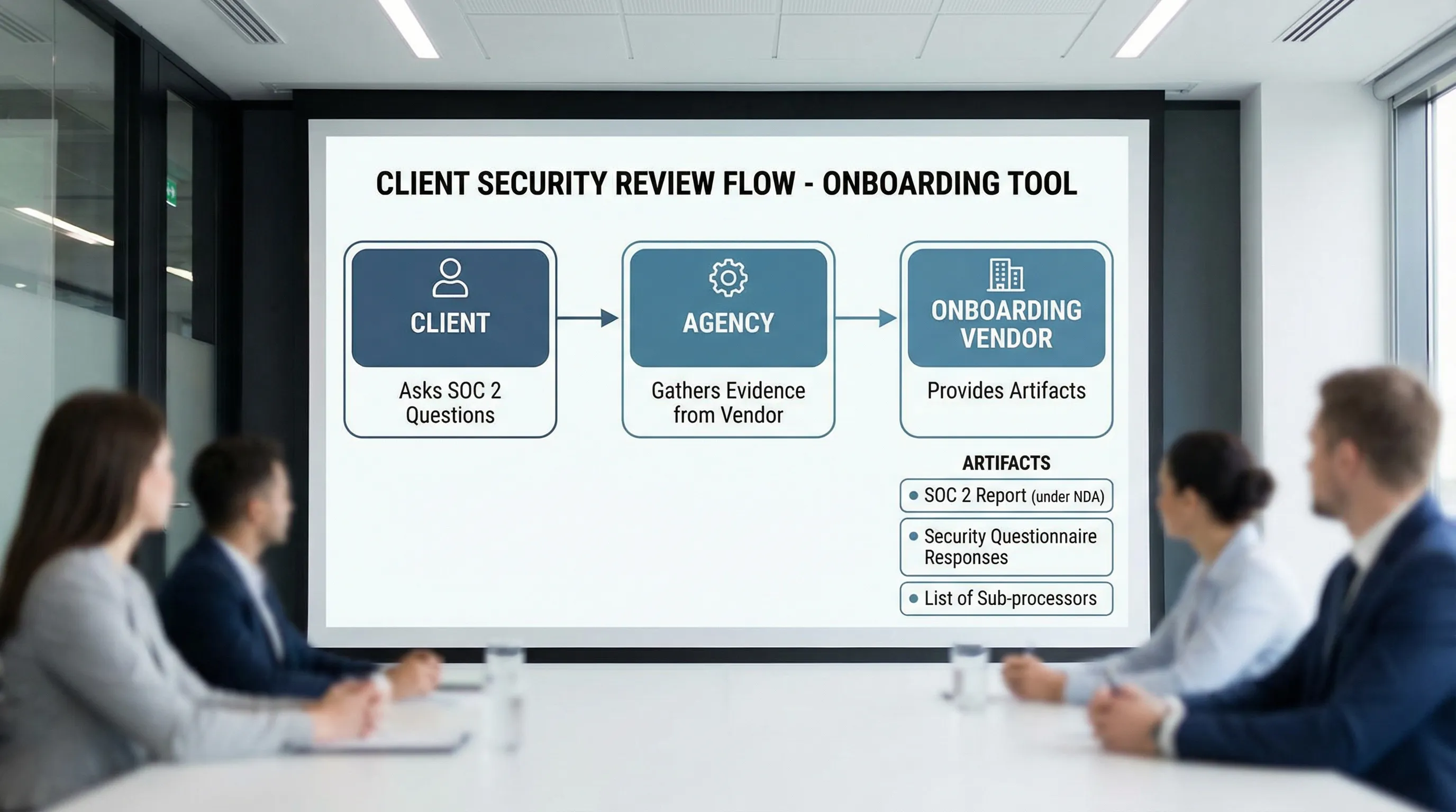 A simple diagram showing a client security review flow for an onboarding tool: the client asks SOC 2 questions, the agency gathers evidence from the onboarding vendor, and the vendor provides artifacts like the SOC 2 report under NDA, security questionnaire responses, and a list of sub-processors.