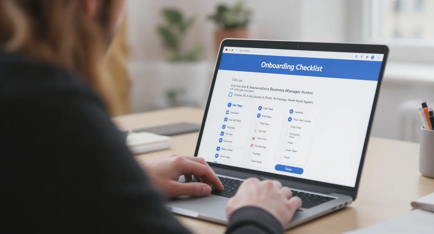 A modern agency account manager sharing a branded, one-link onboarding checklist with a client to grant Meta Business Manager access to Page, Ad Account, Pixel, Instagram and Catalog assets. The scene shows a clean workspace with a laptop, a checklist on screen, and subtle social platform icons.