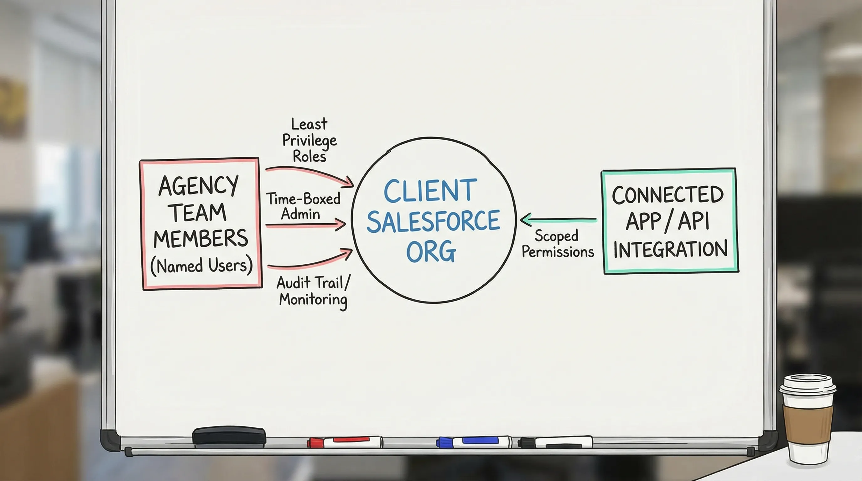A simple diagram showing a safe Salesforce access model: the client’s Salesforce org at the center, agency team members granted named-user roles with least privilege on one side, and a separate connected app/API integration with scoped permissions on the other. The diagram includes labels for “least privilege,” “time-boxed admin,” and “audit trail/monitoring.”