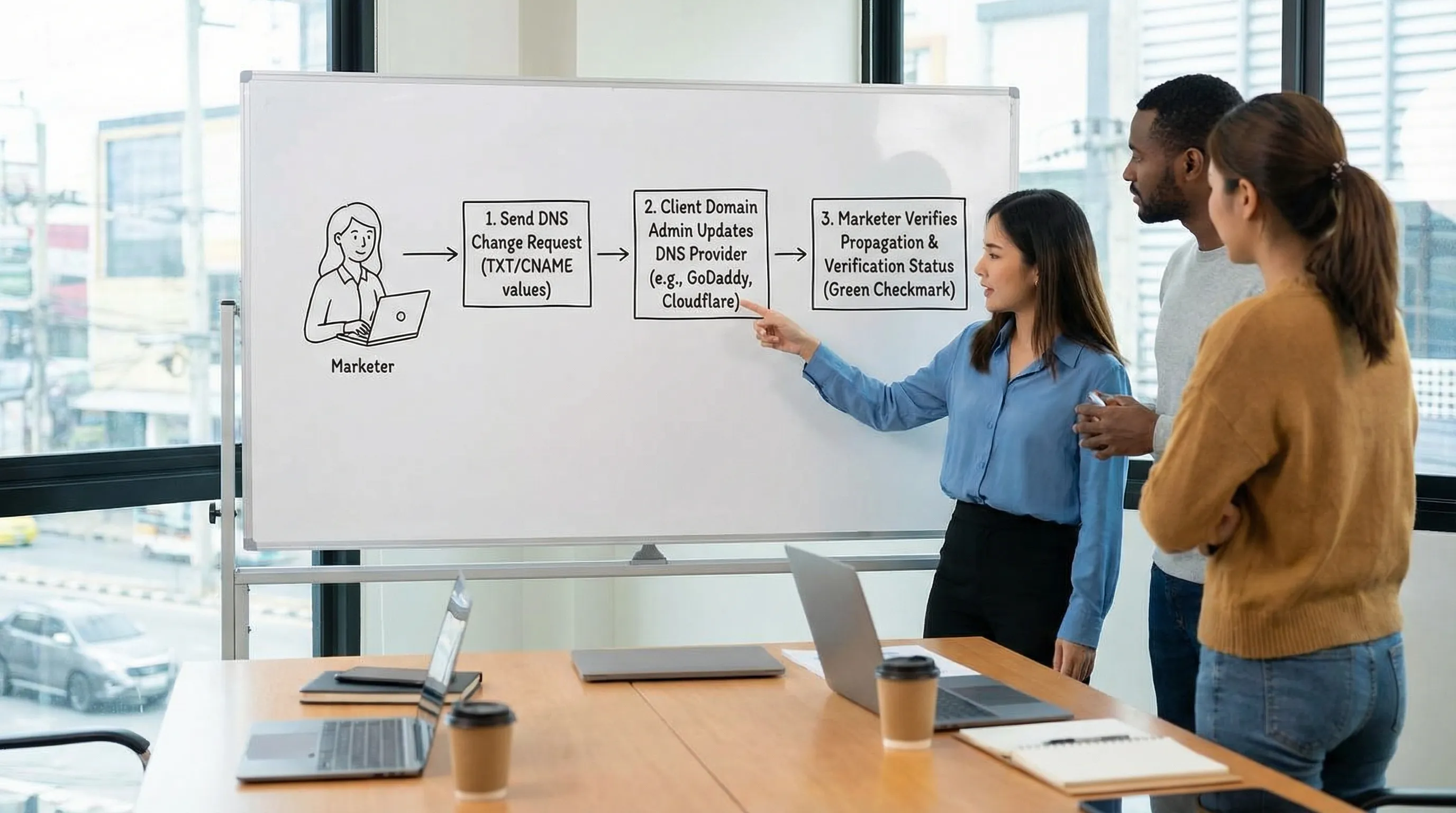 A simple three-step workflow diagram showing: 1) marketer sends a DNS change request with exact TXT/CNAME values, 2) client domain admin updates the DNS provider, 3) marketer verifies propagation and platform verification status.