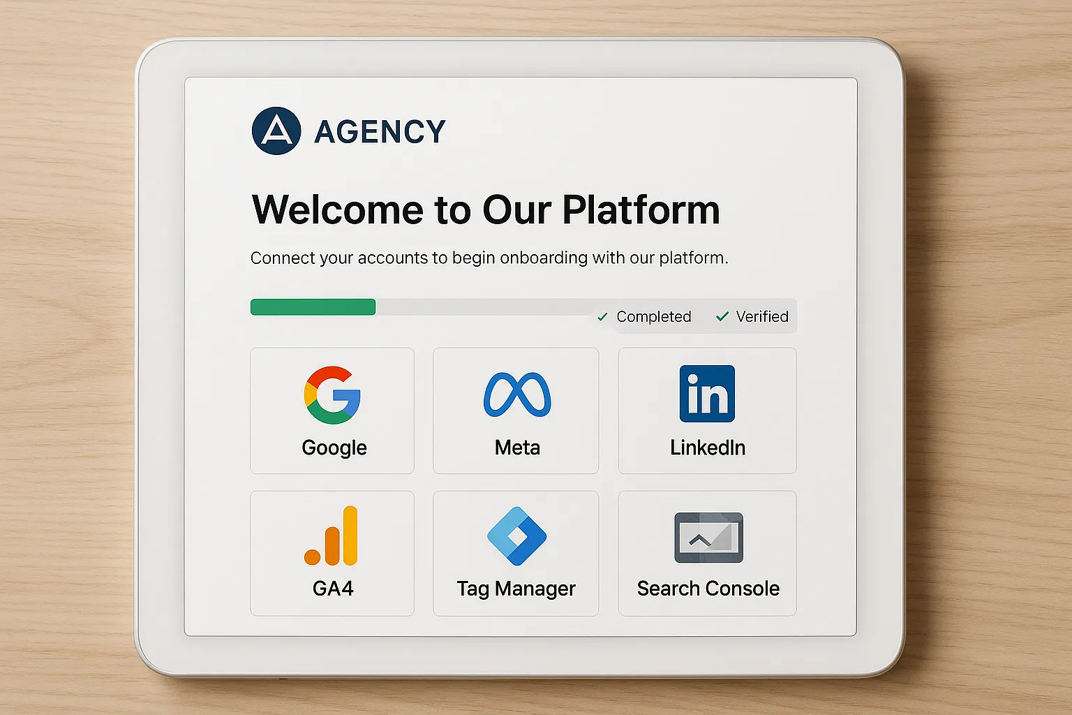 A clean, branded onboarding page mockup with an agency logo, a short description, and selectable tiles for Google, Meta, LinkedIn, GA4, Tag Manager, and Search Console. A progress bar shows steps Completed and Verified with green check marks.