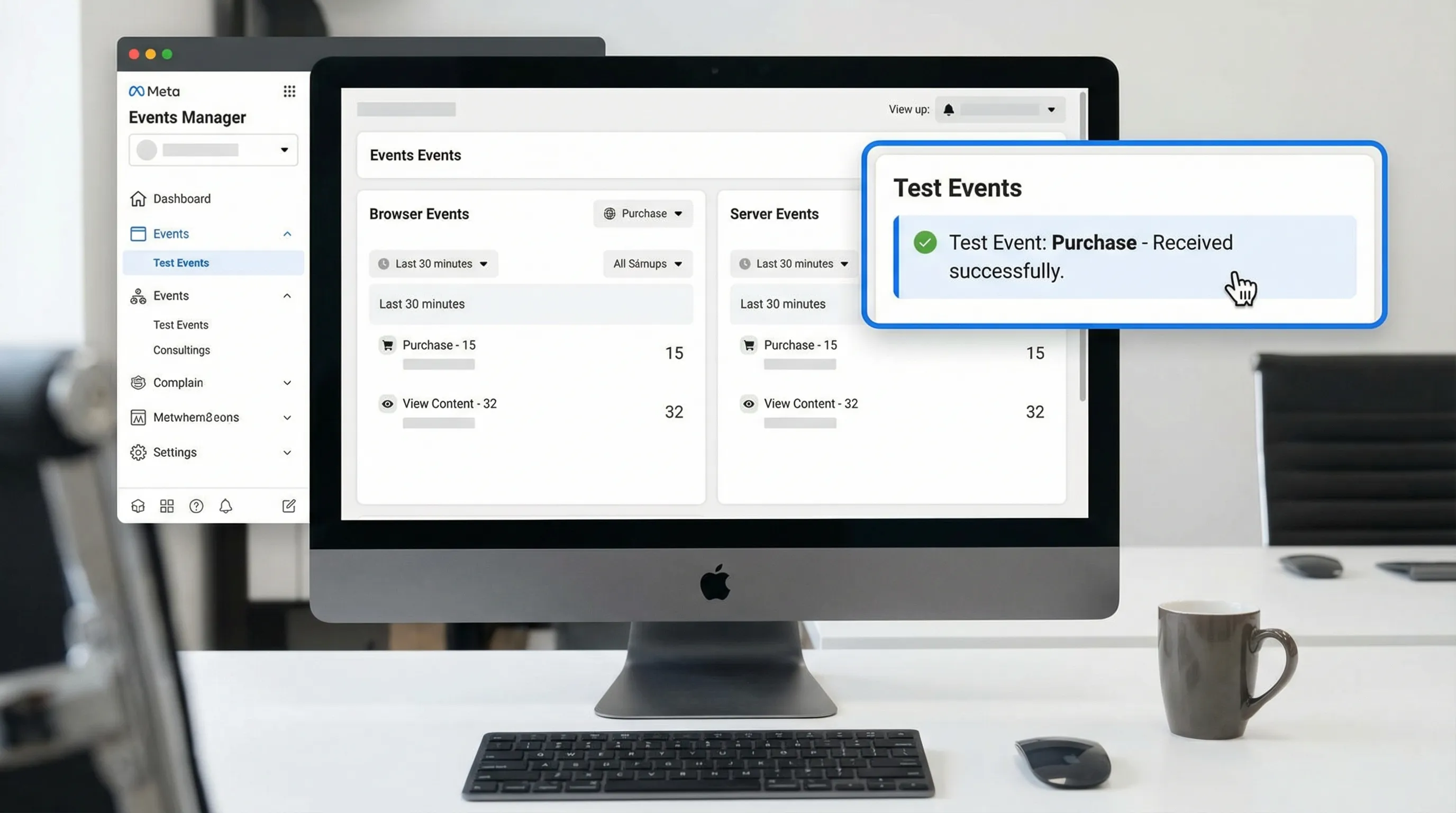 Meta Events Manager view showing Browser events and Server events side by side for the same conversion event, with a highlighted “Test Events” panel and a visible event count over the last 30 minutes.