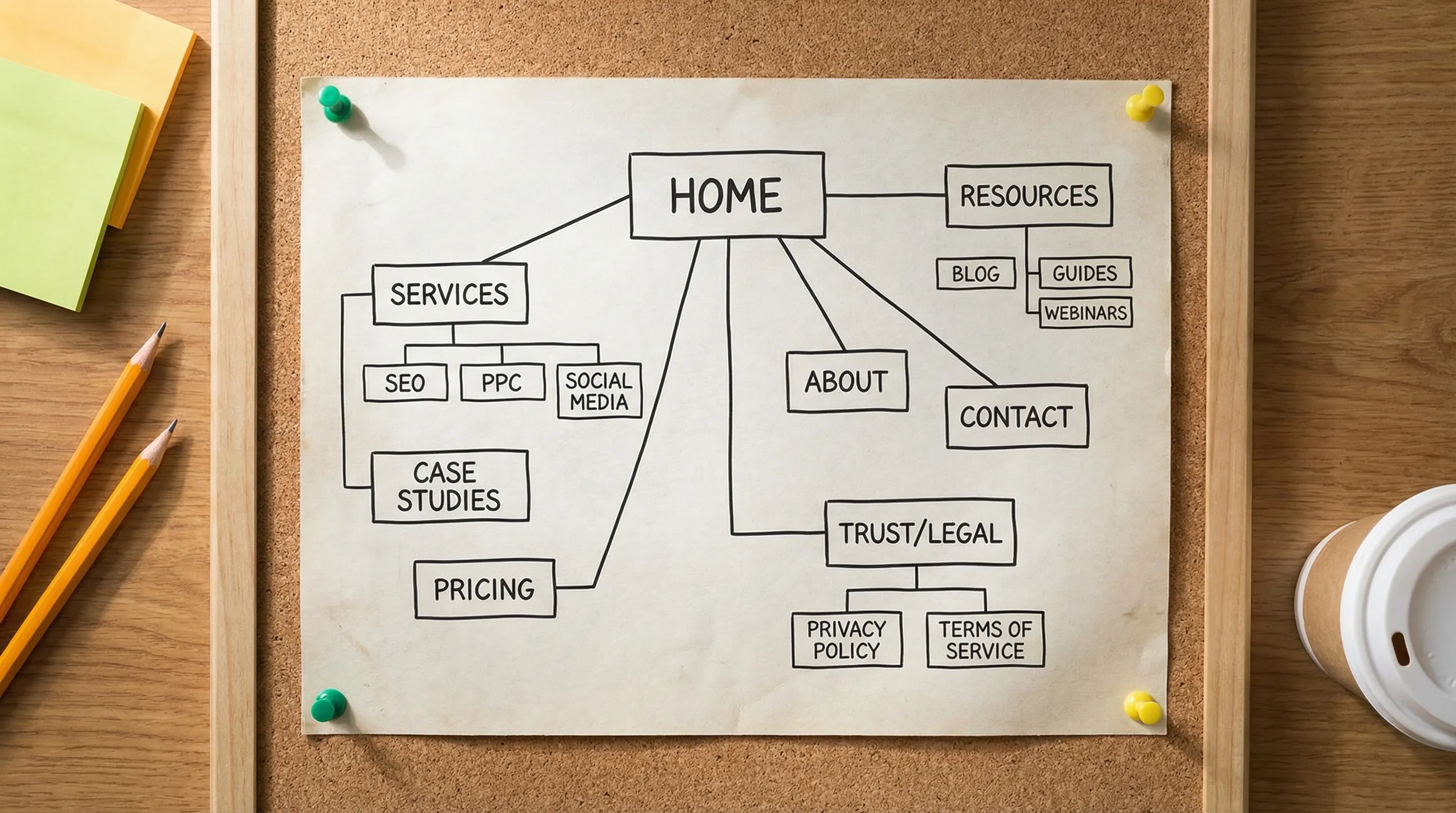 A simple website sitemap diagram for a digital marketing agency, showing core pages like Home, Services, Case Studies, Pricing, Process, About, Resources, Contact, and Trust/Legal pages connected in a clear hierarchy.