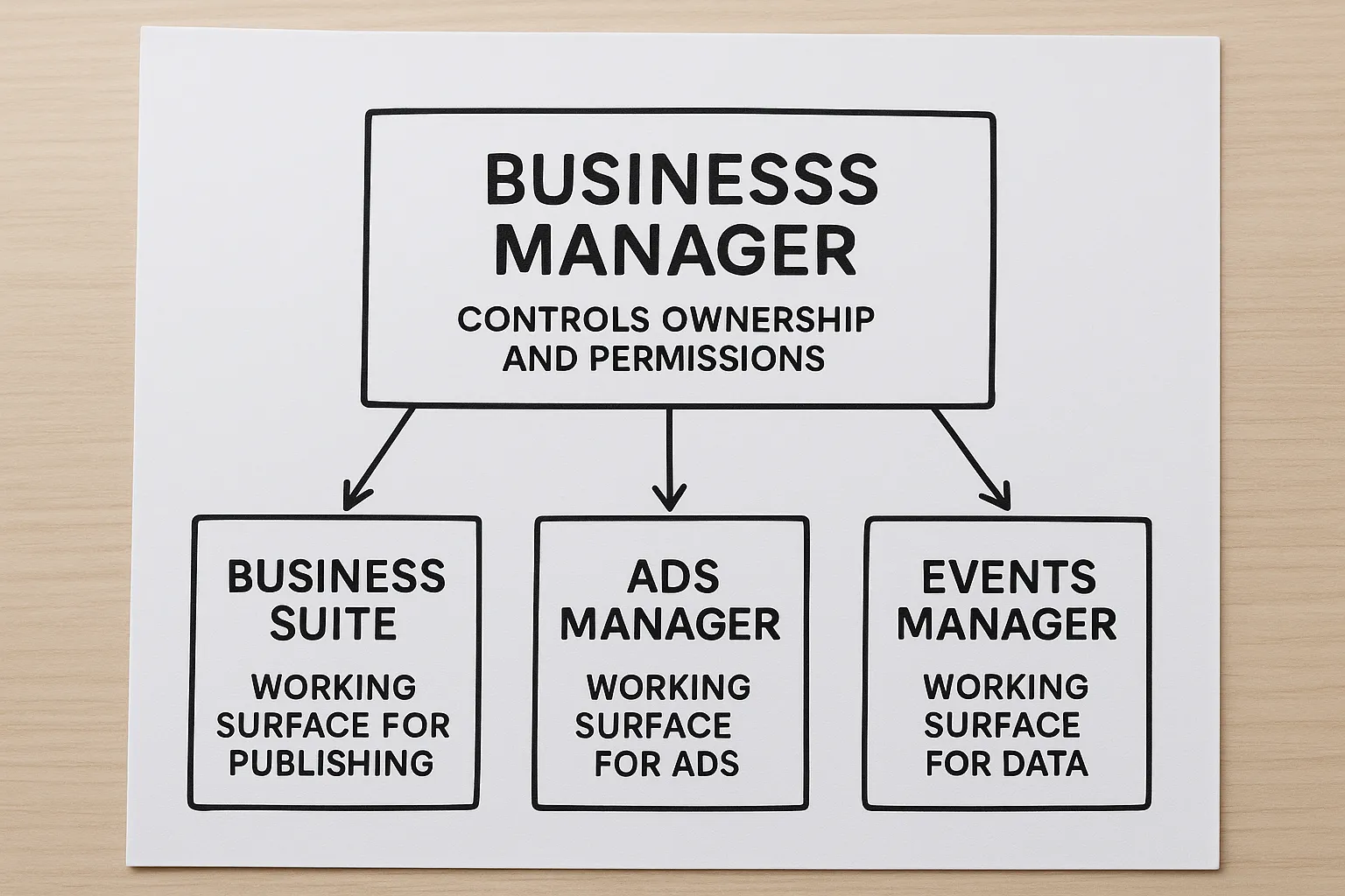 Simple diagram showing four boxes labeled Business Manager, Business Suite, Ads Manager and Events Manager. Arrows flow from Business Manager to the other three, indicating that Business Manager controls ownership and permissions while the others are working surfaces for publishing, ads and data.