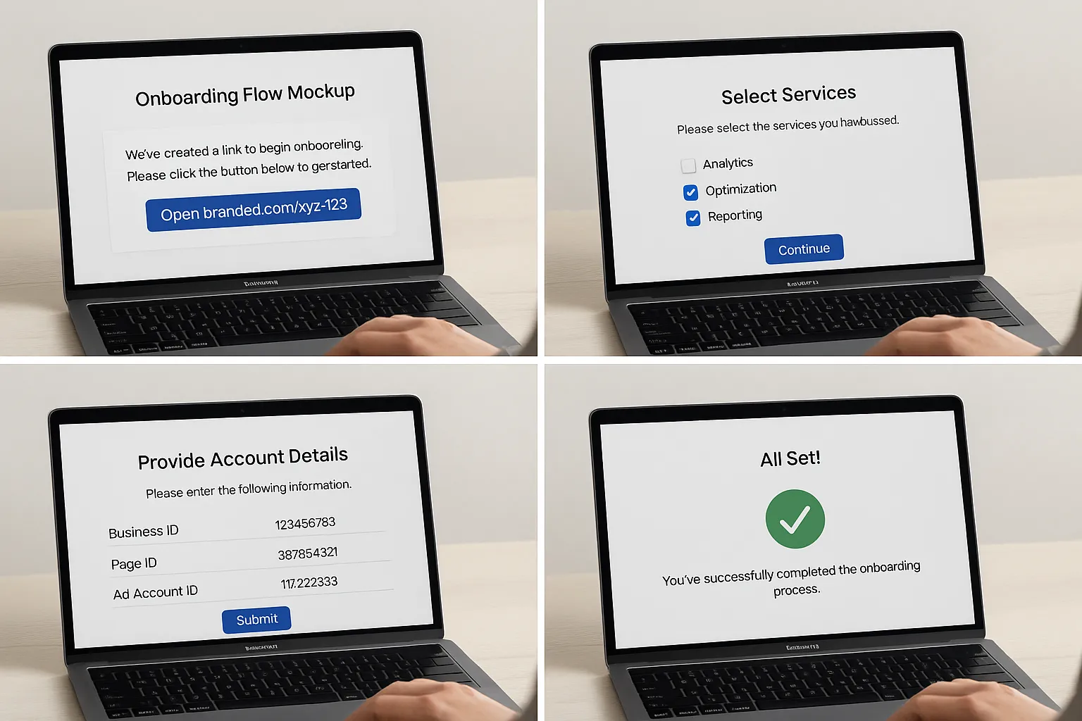 A clean onboarding flow mockup showing a client receiving a branded link, selecting the services they purchased and providing their Business ID, Page and Ad Account IDs, followed by a confirmation screen.