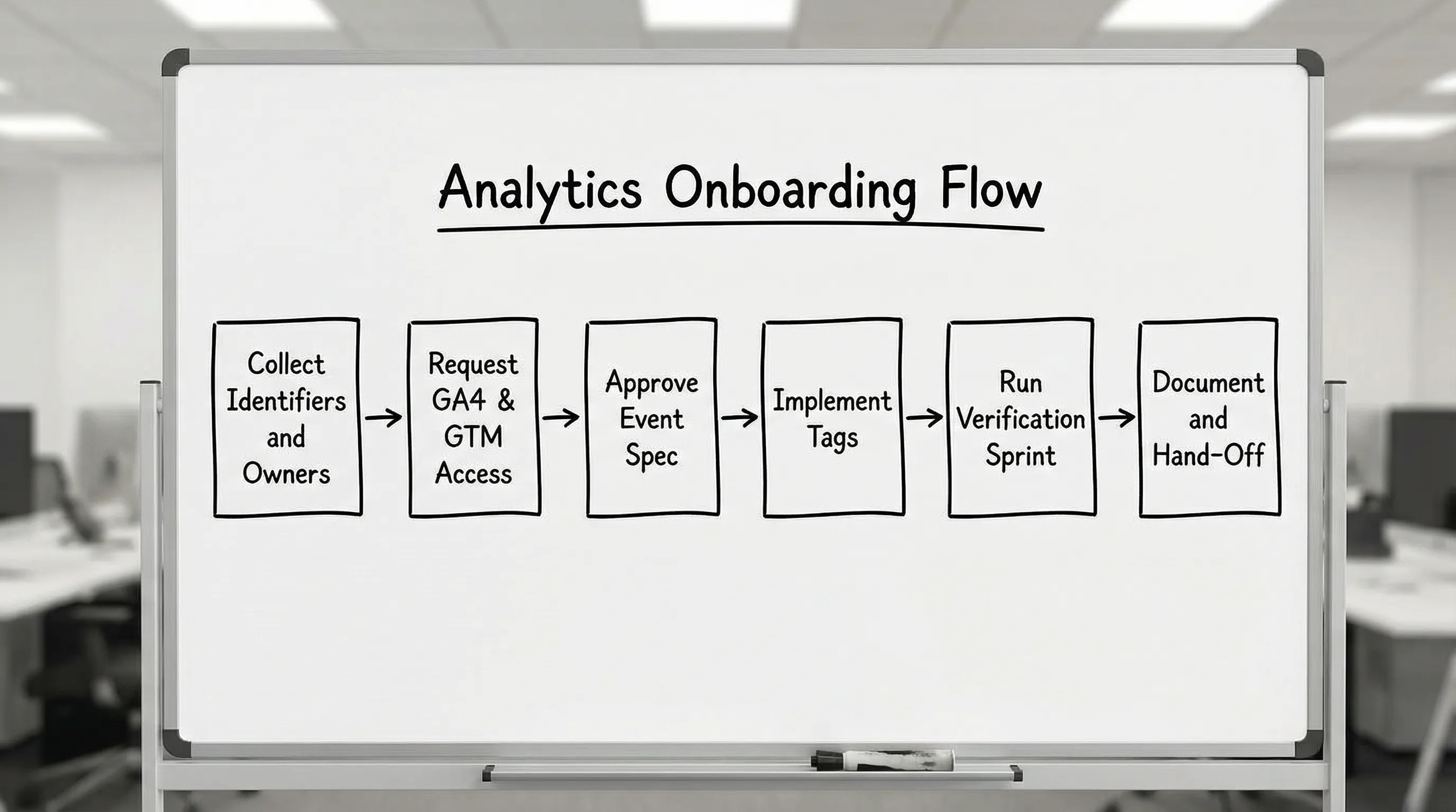 A simplified flow diagram of analytics onboarding showing steps: collect identifiers and owners, request GA4 and GTM access, approve event spec, implement tags, run verification sprint, document and hand off.