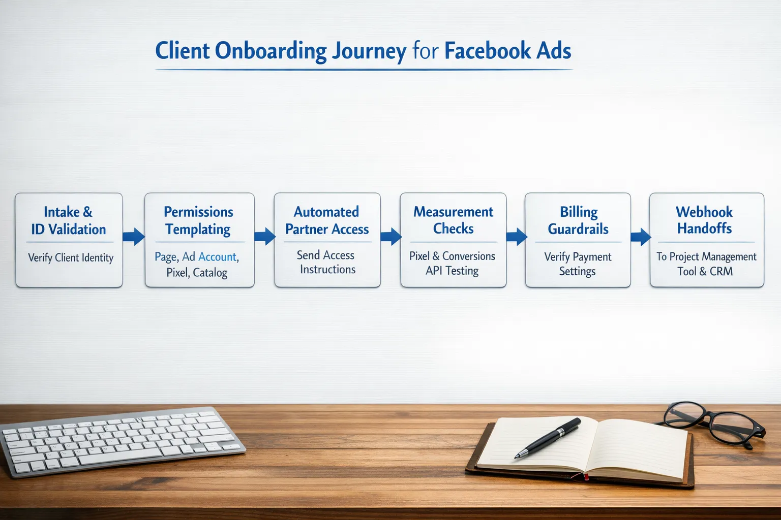 A simple flow diagram showing a one-link client onboarding journey for Facebook ads: intake and ID validation, permissions templating for Business Manager assets (Page, Ad Account, Pixel, Catalog), automated partner access instructions, measurement checks for Pixel and Conversions API test events, billing guardrails verification, and webhook handoffs to a project management tool and CRM.