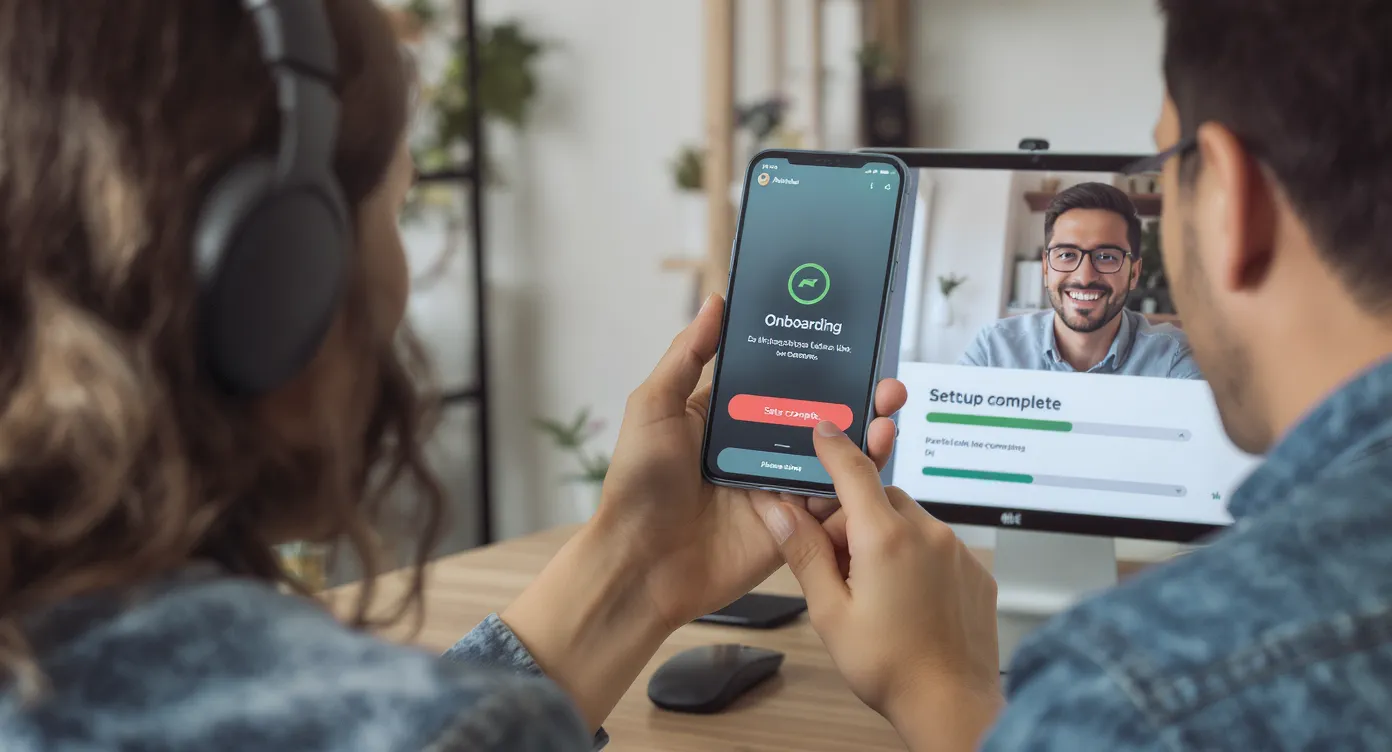 Agency account manager sharing a branded onboarding link with a new client over video call, both smiling while viewing the progress bar indicating "Setup complete" on screen.