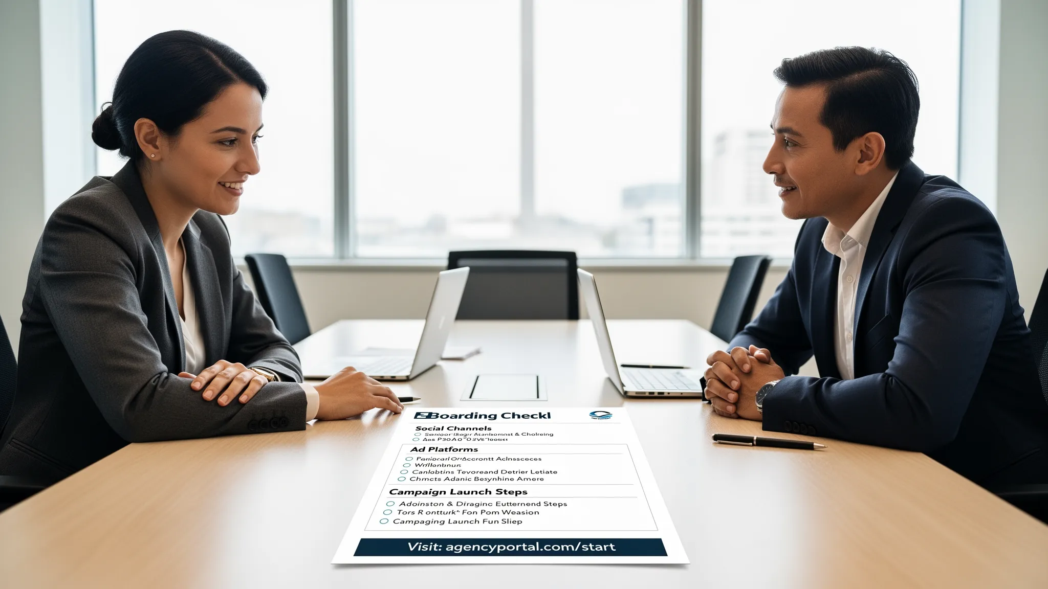An agency account manager and a client CMO sitting at a meeting table, reviewing a one page onboarding checklist that lists social and ad platforms, with the agency’s logo visible on a printed branded link. The scene conveys clarity, security, and a confident start to the engagement.