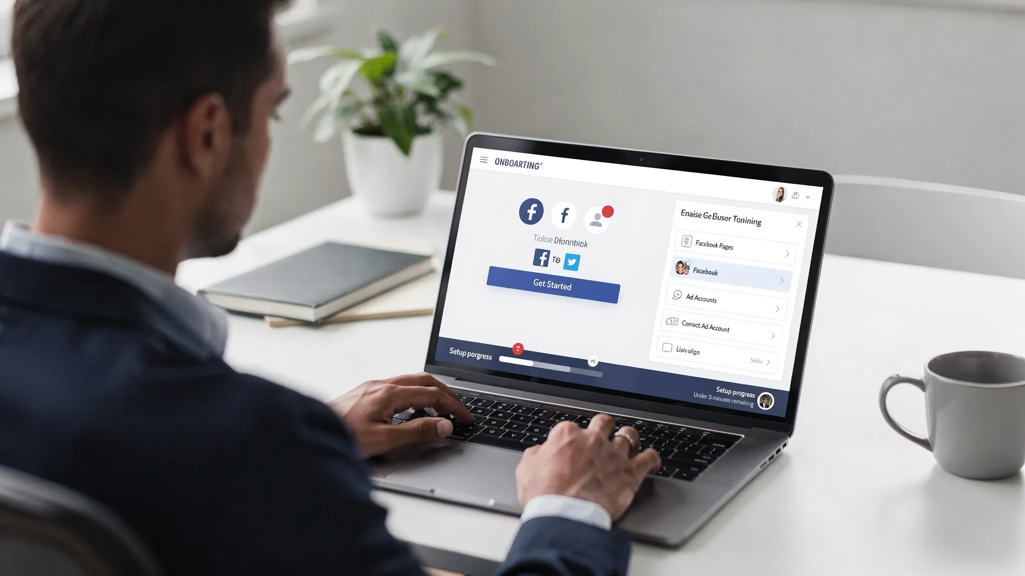 A client on a laptop opening a single branded onboarding link, selecting Facebook as a platform, choosing the correct Page and Ad Account from a list, and approving permissions with a visible progress indicator showing completion in under 5 minutes.