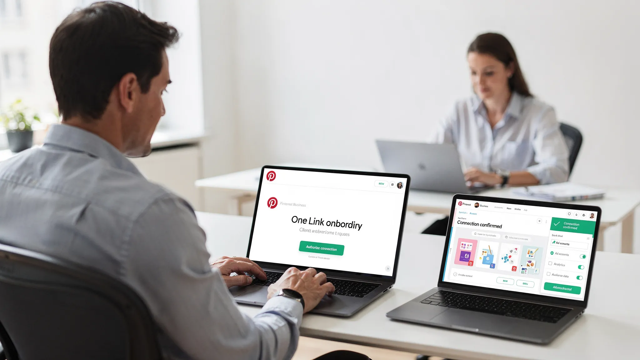An agency account manager sends a branded one-link onboarding request to a client. On the client’s laptop screen, Pinterest Business is authorized with selected assets and permissions, while the agency dashboard shows a confirmed connection. Bright, modern office environment with both people focused on their respective screens.
