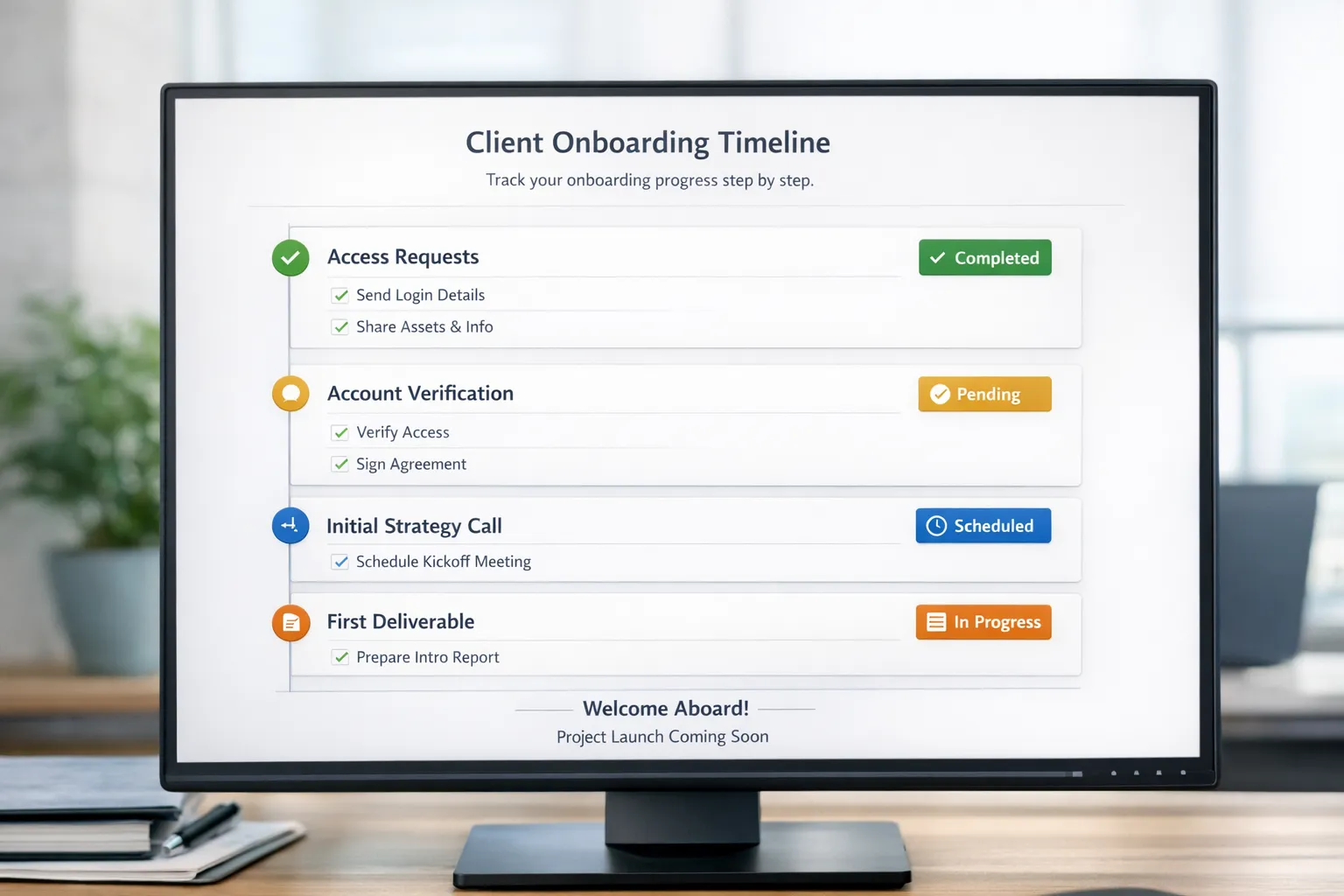 A professional agency onboarding dashboard concept showing a client timeline with checklist items like access requests, verification, and first deliverable, with status indicators and no visible sensitive data.