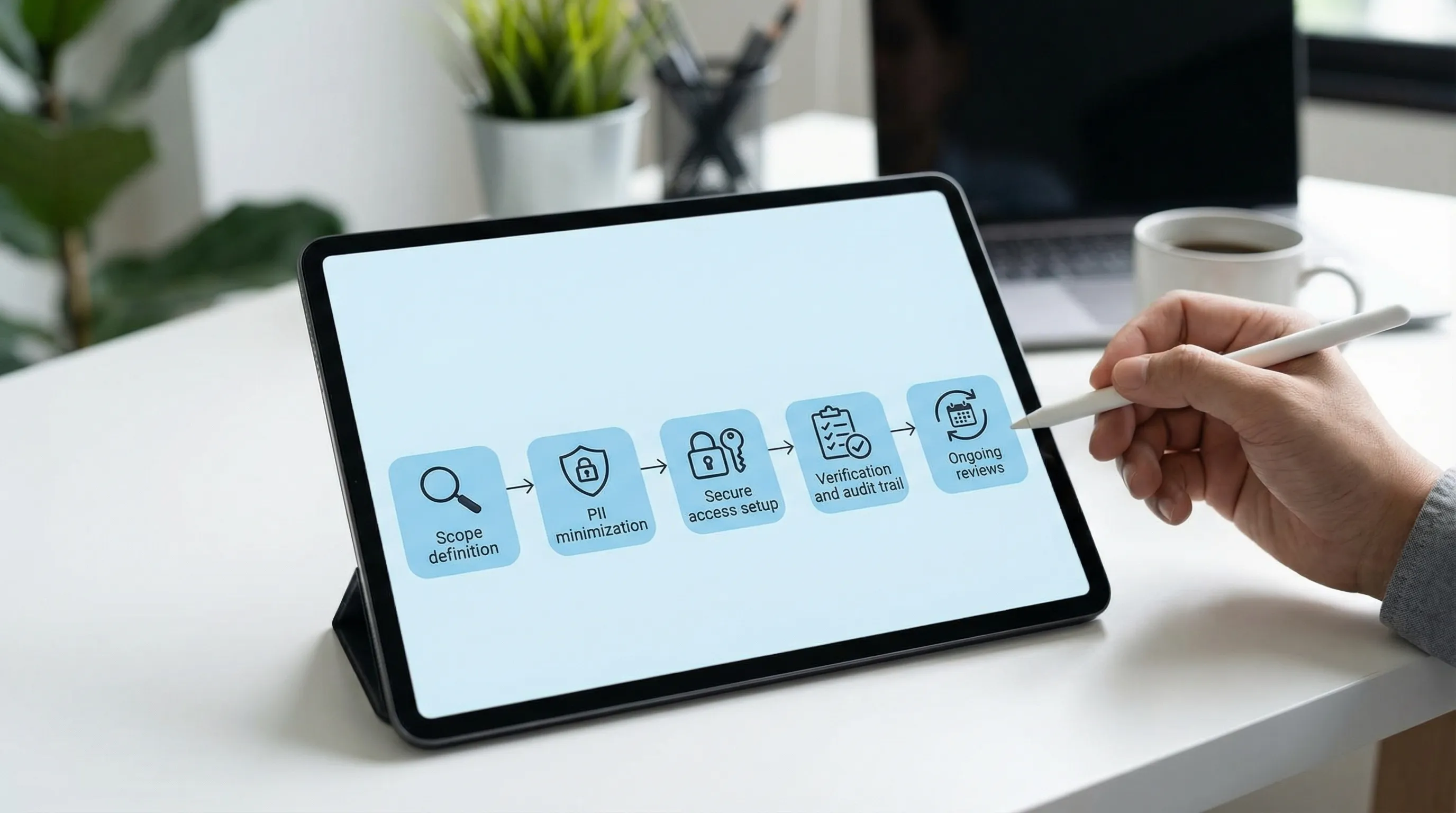 A simple flow diagram showing agency onboarding compliance gates: Scope definition, PII minimization, secure access setup, verification and audit trail, ongoing reviews. Each step has an icon and short label, arranged left to right.