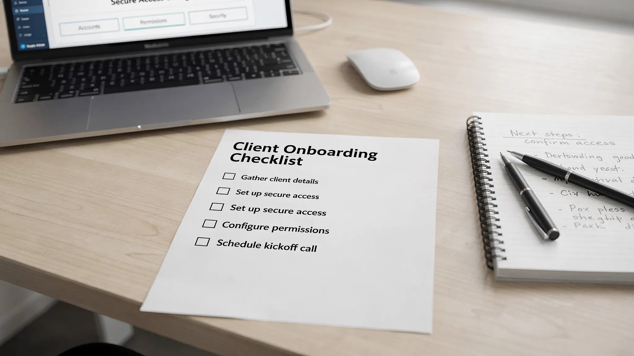 A close-up photo of an agency operations workspace showing a printed client onboarding checklist next to a laptop and a notepad, conveying organized processes and secure access setup.