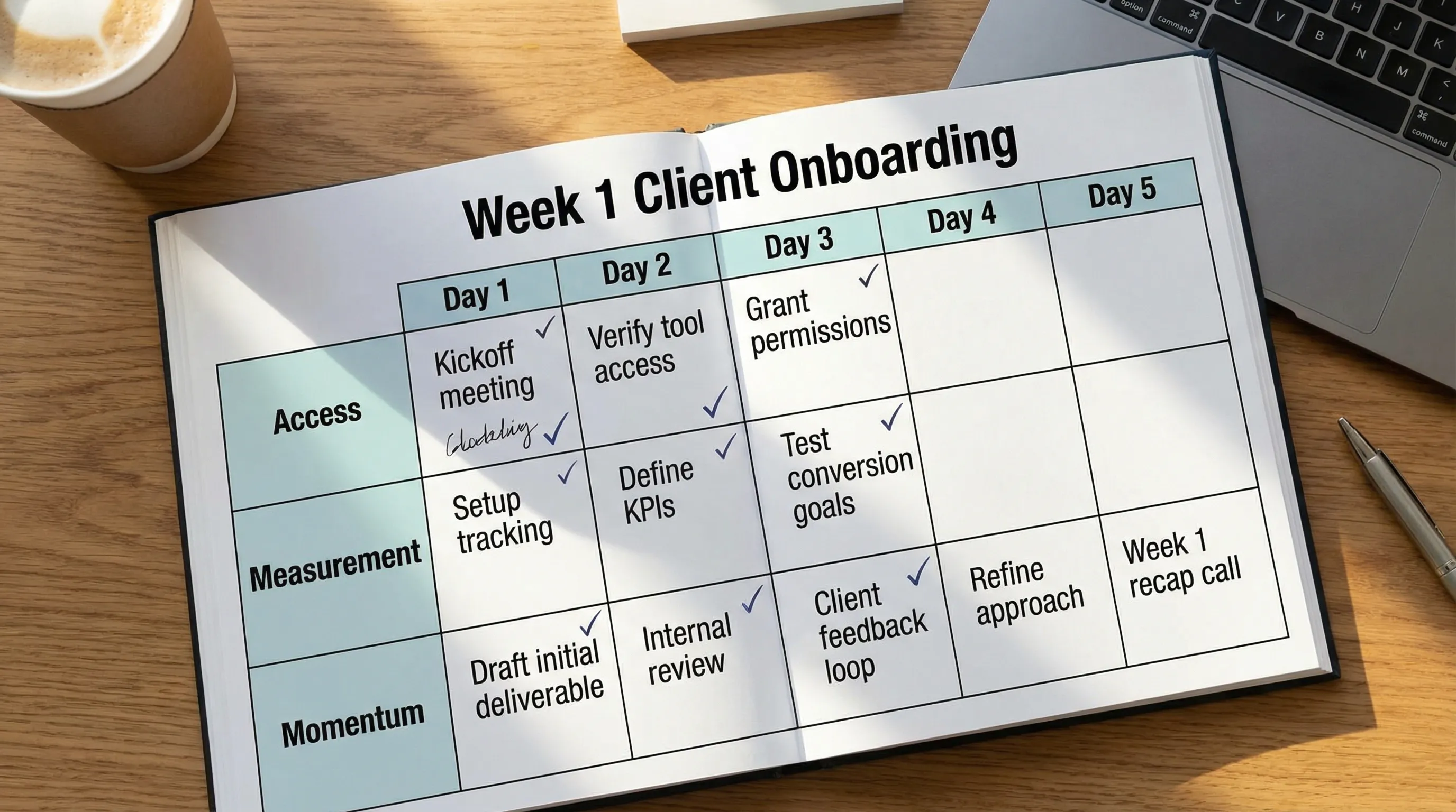 A simple Week 1 calendar view for agency client onboarding, showing five columns labeled Day 1 to Day 5 and three horizontal tracks labeled Access, Measurement, and Momentum, with short task labels like Kickoff, Verify access, Test conversion, Draft deliverable, and Week 1 recap.
