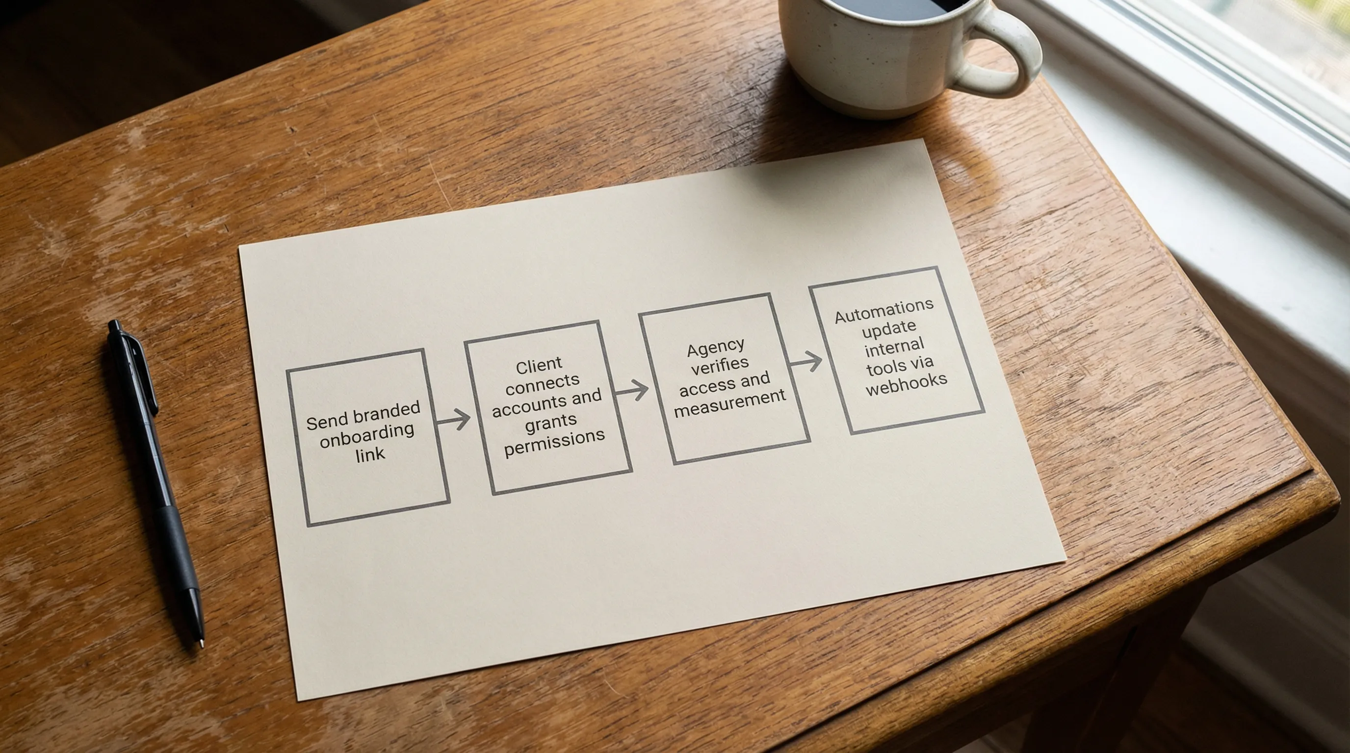 A simple flow diagram with four labeled steps showing “Send branded onboarding link,” “Client connects accounts and grants permissions,” “Agency verifies access and measurement,” and “Automations update internal tools via webhooks.”