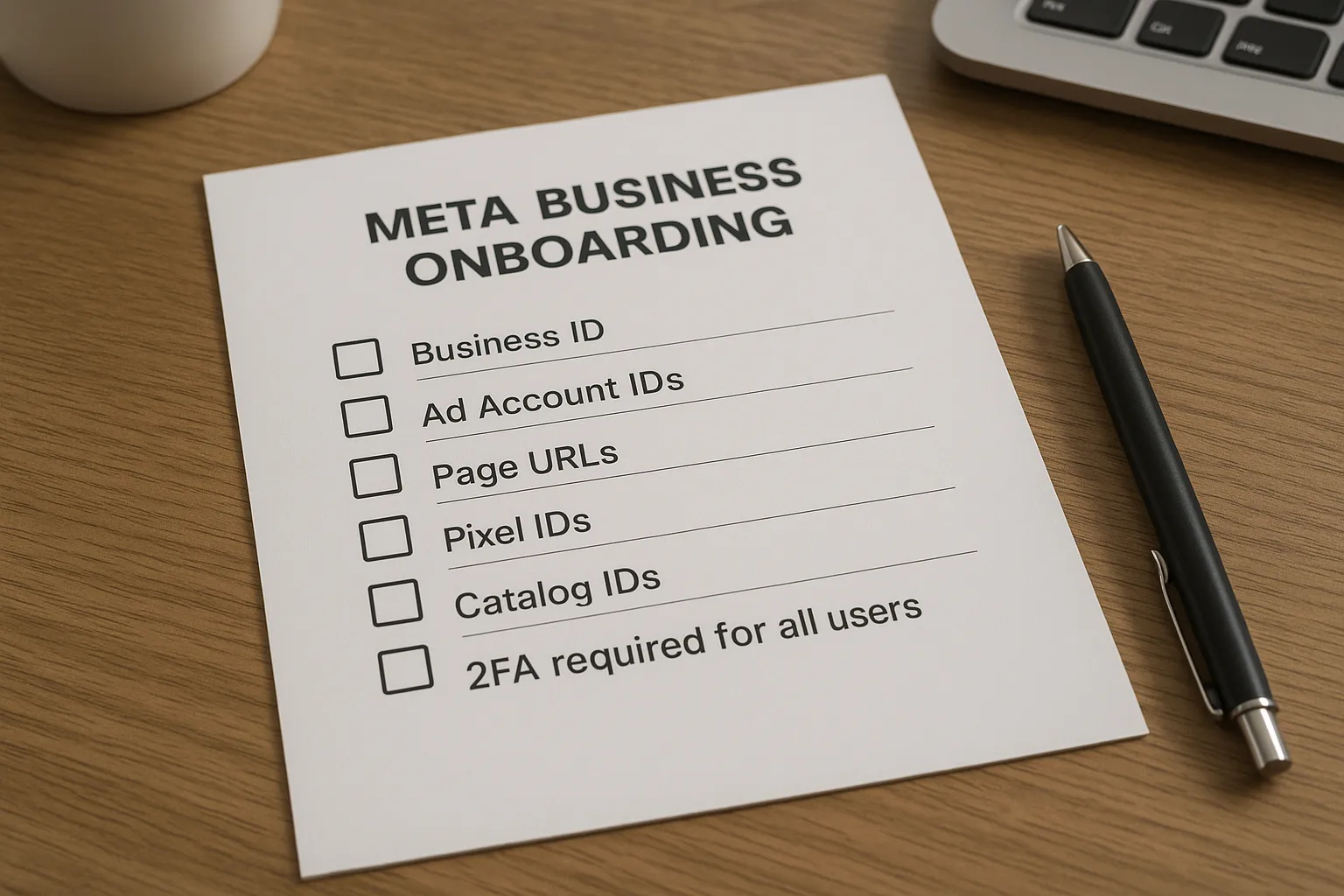 A clean checklist page titled “Meta Business Onboarding” showing boxes for Business ID, Ad Account IDs, Page URLs, Pixel IDs, Catalog IDs, and a final step for “2FA required for all users.”