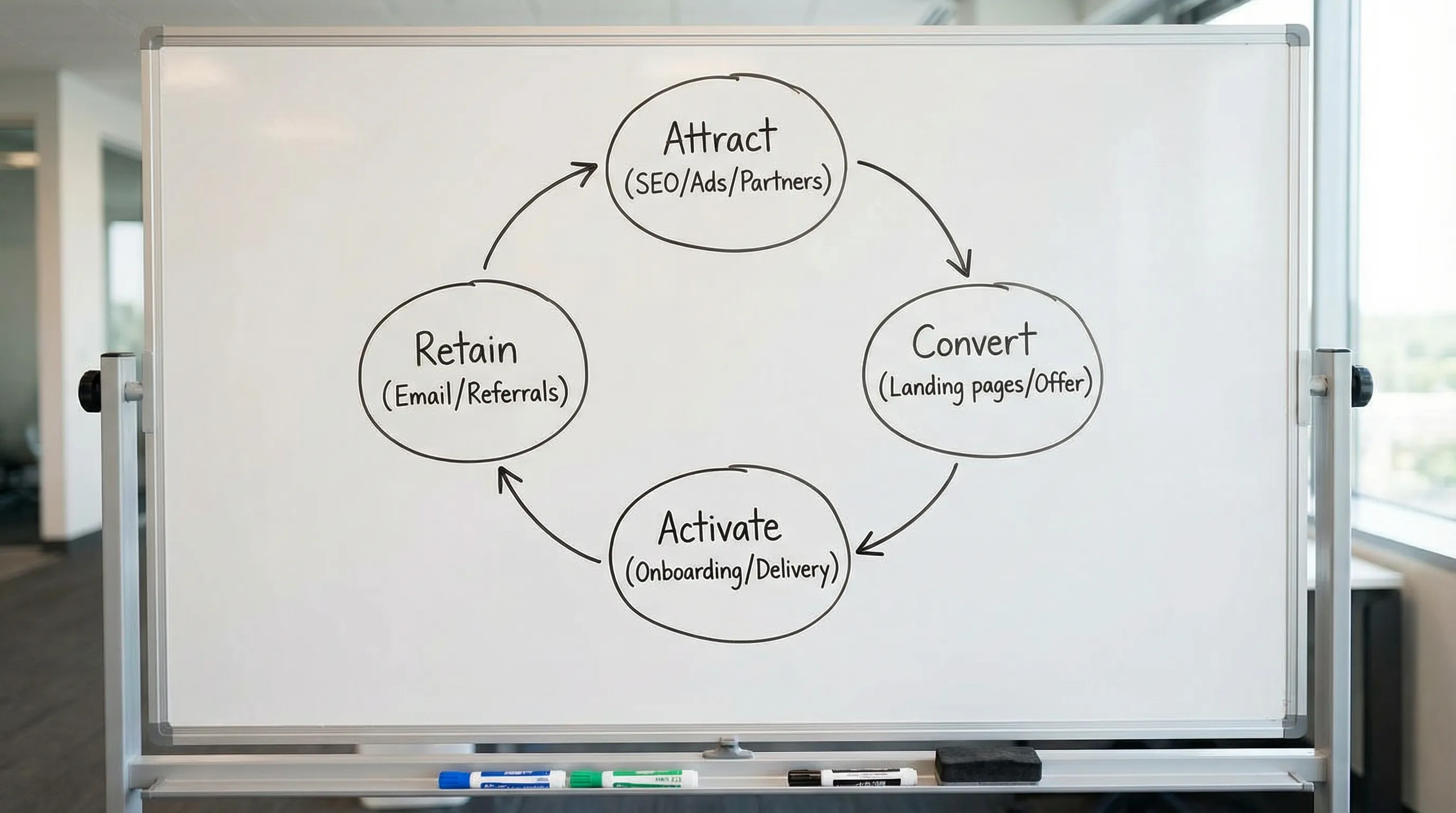 A simple web marketing flywheel diagram with four labeled steps in a loop: “Attract (SEO/Ads/Partners)”, “Convert (Landing pages/Offer)”, “Activate (Onboarding/Delivery)”, and “Retain (Email/Referrals)”. Clean, minimal layout with short labels.