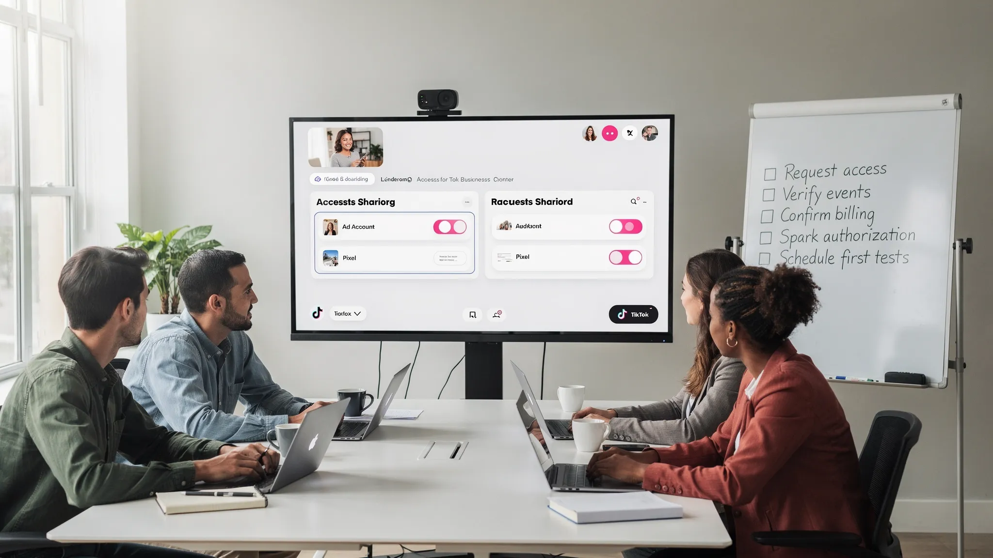 A small agency team runs a live onboarding call with a new client. On screen, a TikTok Business Center access panel shows asset sharing for an ad account and pixel. A whiteboard lists steps: Request access, verify events, confirm billing, Spark authorization, schedule first tests.
