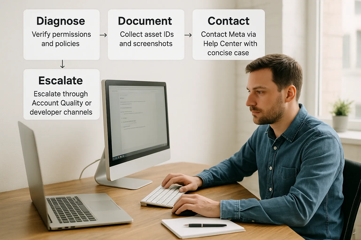 A simple four-step diagram labeled Diagnose, Document, Contact, Escalate. The flow shows an agency marketer verifying permissions and policies, collecting asset IDs and screenshots, contacting Meta via Help Center with a concise case, then escalating through Account Quality or developer channels if unresolved.